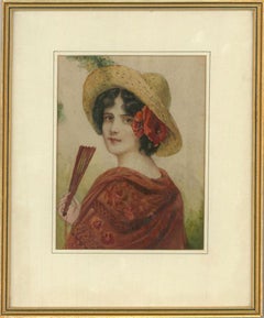 Framed Late 19th Century Watercolour - Lady with the Fan