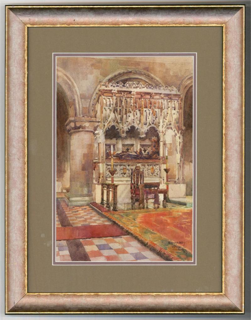 Edward Lyon - 1923 Watercolour, Church Interior With Tomb 1