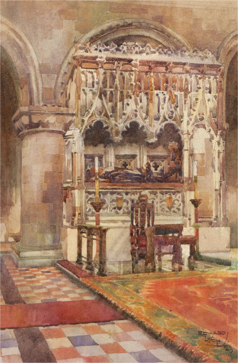 A fine early 20th Century watercolour showing a church interior with an elaborately carved tomb with a small altar in front of it. The artist has signed and dated to the lower right corner and the painting has been presented in a contemporary aged