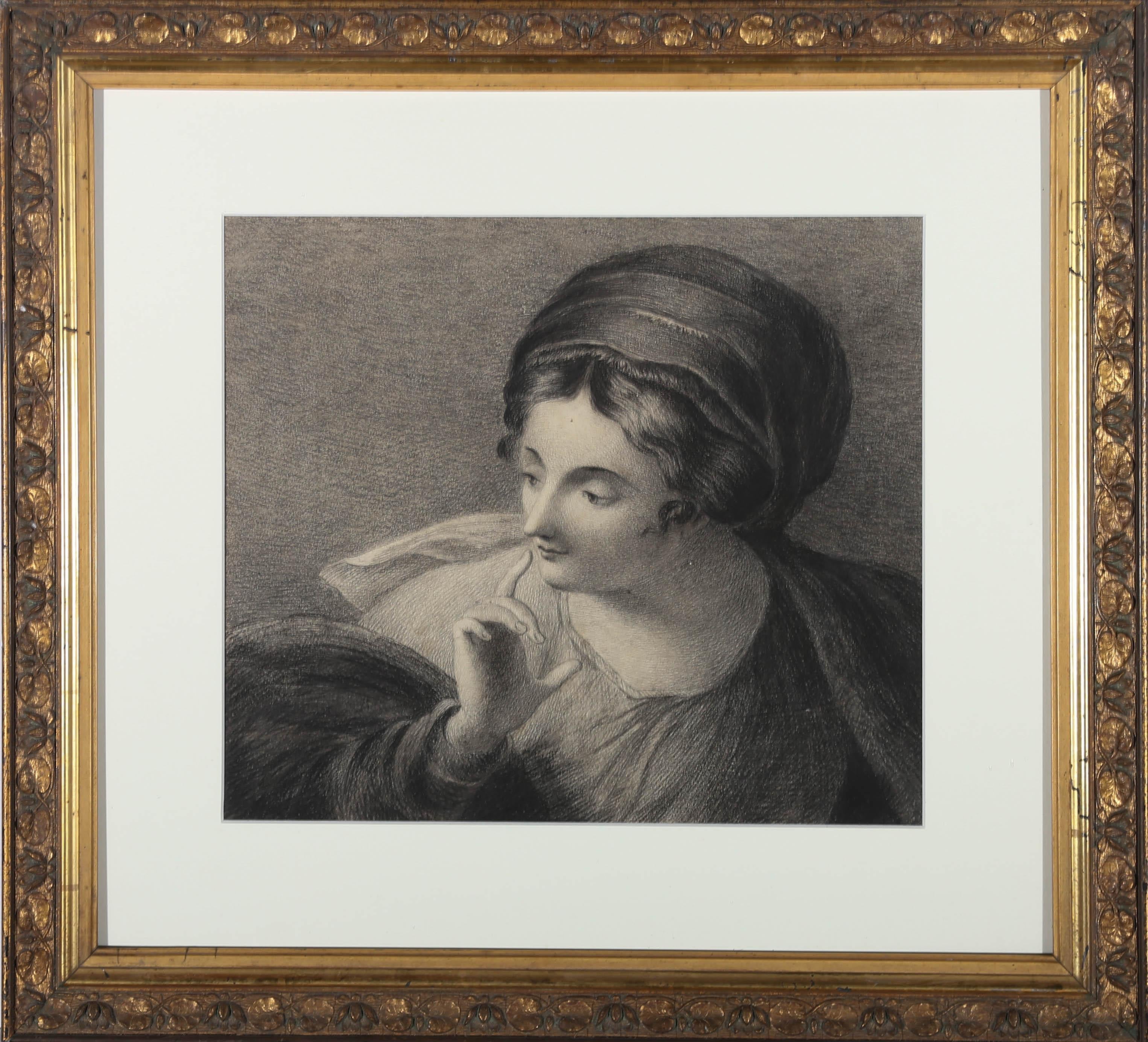A very fine study of a young woman in classical Greek dress. The artist has captured the subject with a look of intrigue, her hand raised as if pondering a question. Very finely presented in a gilt effect frame with a white card mount. The original
