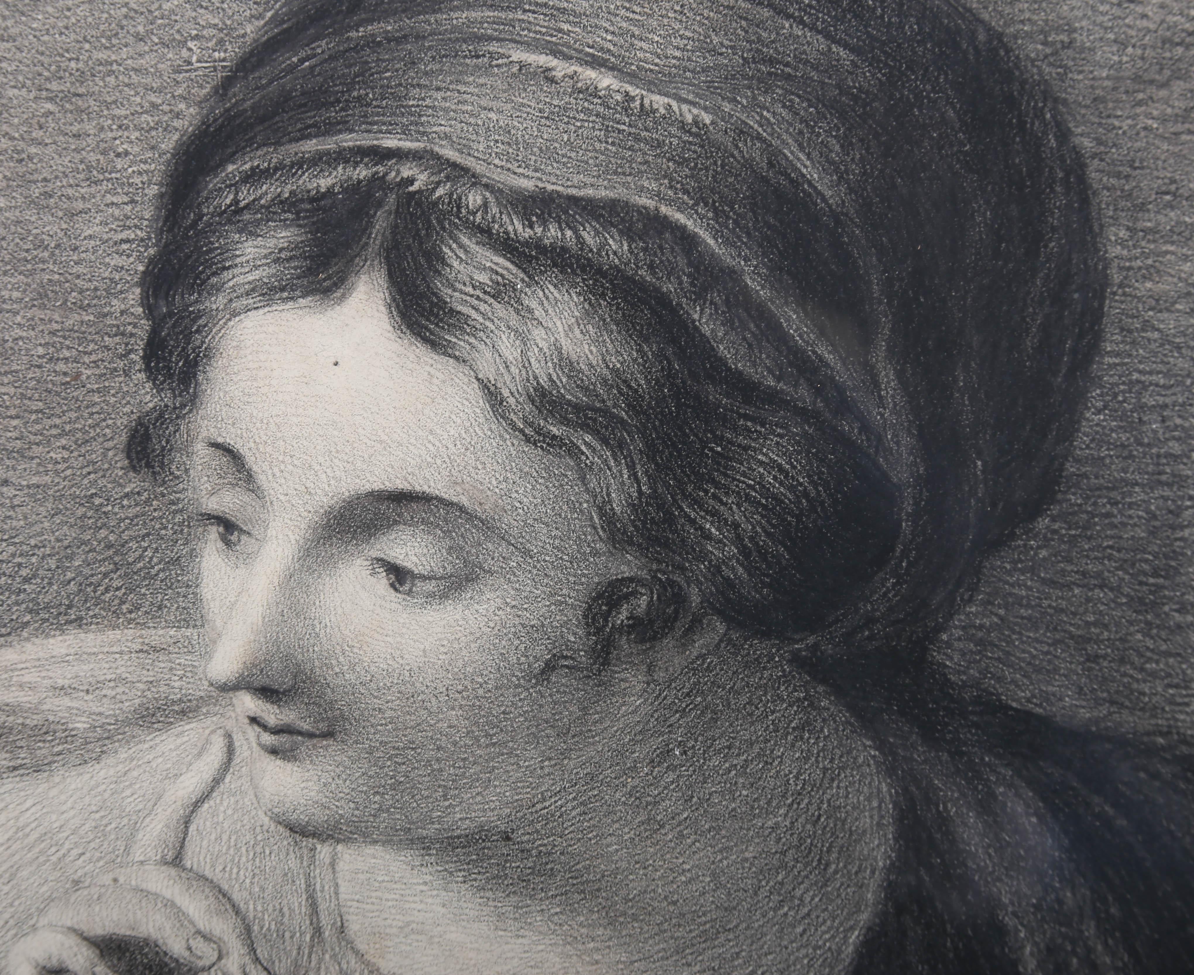 Emily Ashman - Beau dessin au fusain de 1831, Dame classique en vente 3