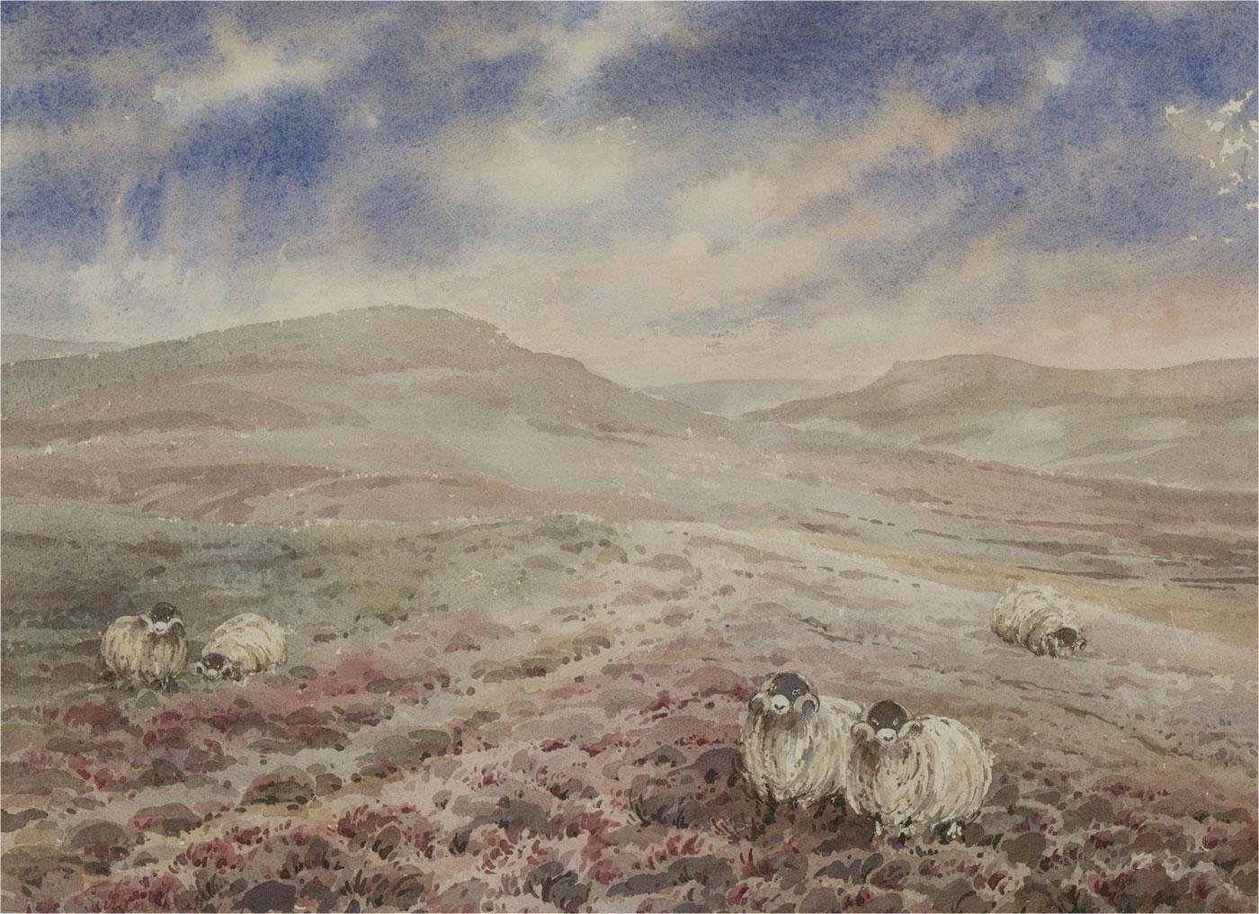 A charming watercolour scene of sheep grazing on the Grinton Moor, York. The artist has signed to the lower left and has inscribed the location to the reverse. The work itself has been well presented in a double card mount and sleek frame. On wove.

