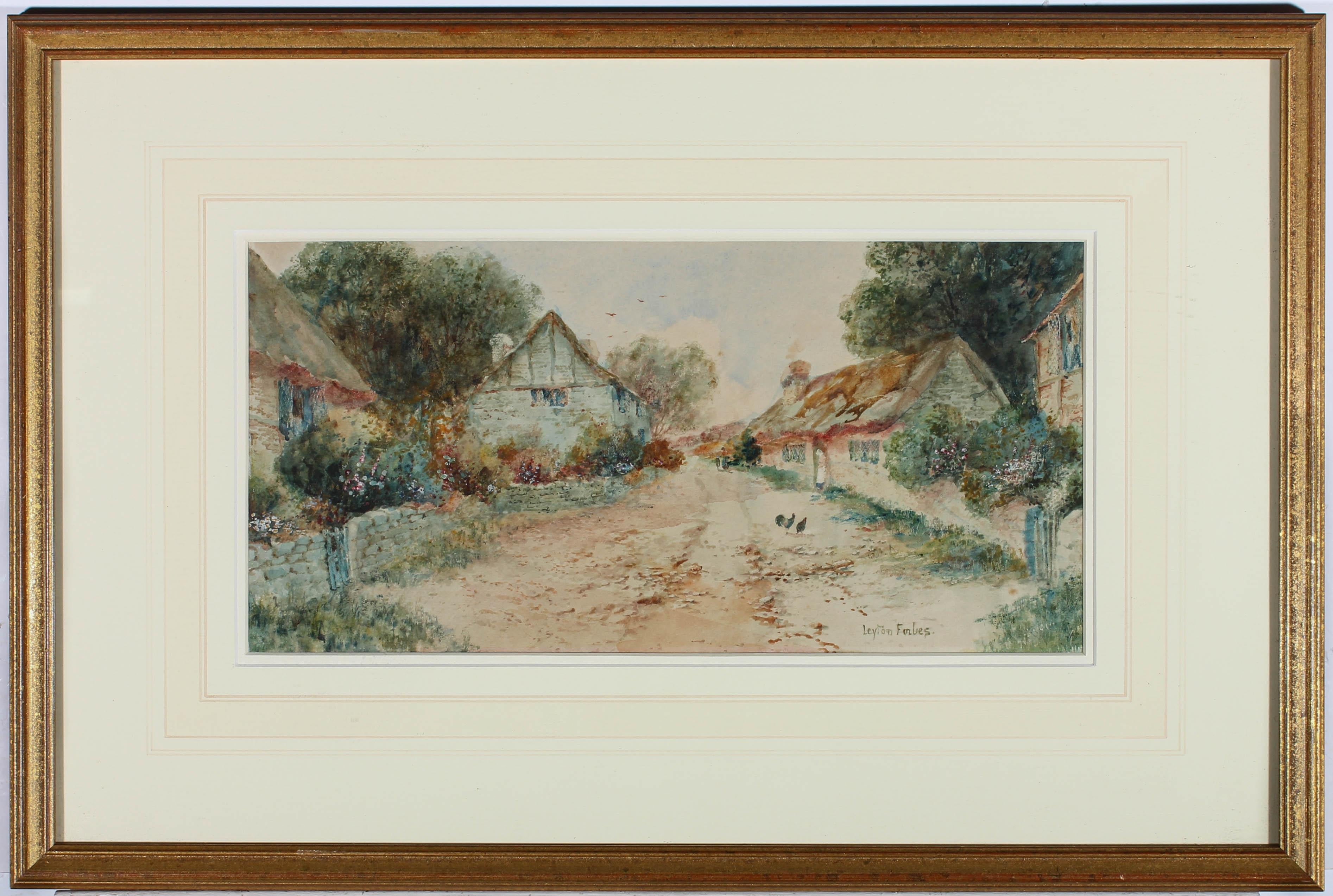 A charming watercolour scene of a quiet village street in the early morning, The only sign of life we can see are two chickens walking across the road. Signed to the lower right and well presented in a wash line mount and gilt frame. On wove.