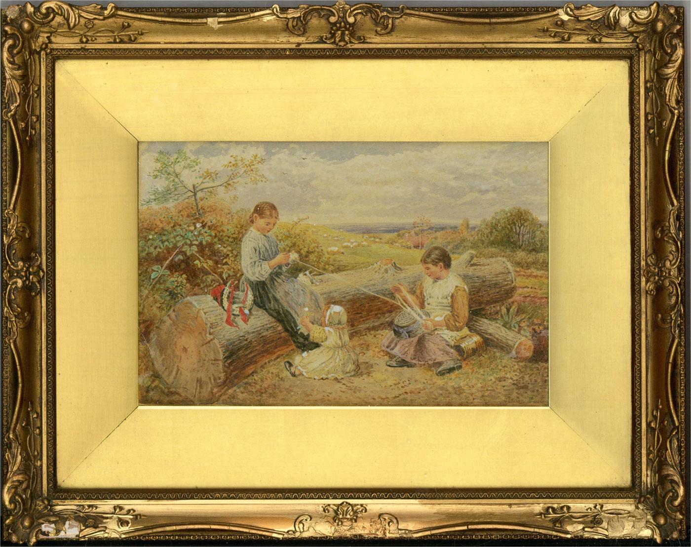 Eine charmante ländliche viktorianische Szene, die an den Stil von Myles Birket Foster erinnert, zeigt drei junge Mädchen, die am Rande eines Feldes zusammensitzen und Garn aufwickeln. Der Künstler hat in der rechten unteren Ecke signiert und das
