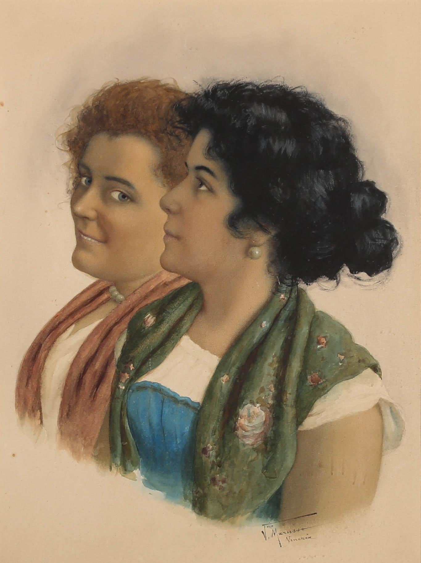 A very finely executed early 20th Century double portrait of two pretty young Venetian women wearing colourful shawls with soft smiles. The hazy softness of the skin and hair is typical of Marusso's work and these particular female characters appear