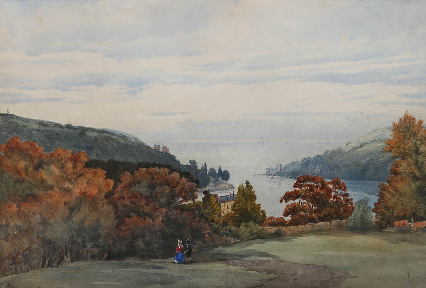 K.K - Framed Mid 19th Century Watercolour, View Over the Estuary - Art by K.K.