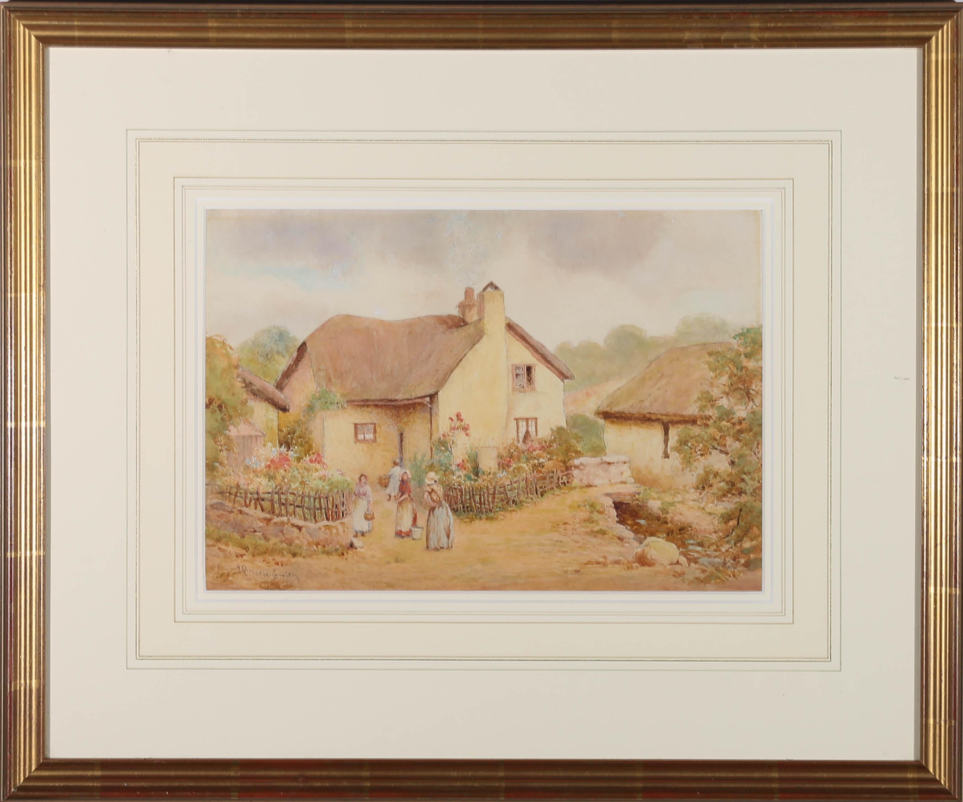 A quaint early 20th Century watercolor showing a group of young maids carrying buckets and baskets back to a picturesque thatched cottage. The artist has signed to the lower left and the painting has been attractively presented in a gilt frame with