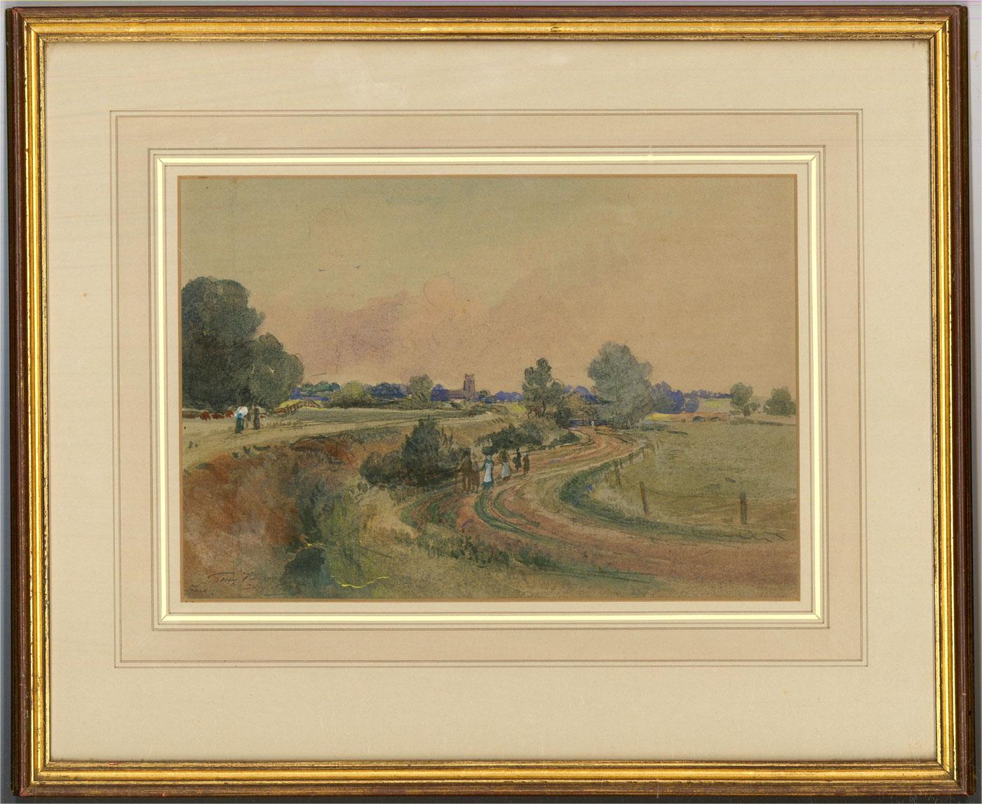 A charming rural scene showing figures walking along a winding country path that leads towards a small village. The artist has signed, dated and inscribed to the lower left corner. The painting has been presented in a simple gilt frame with