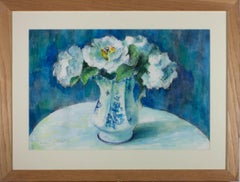 Fiona C. Goldbacher - 20th Century Watercolour, White Flowers On Blue