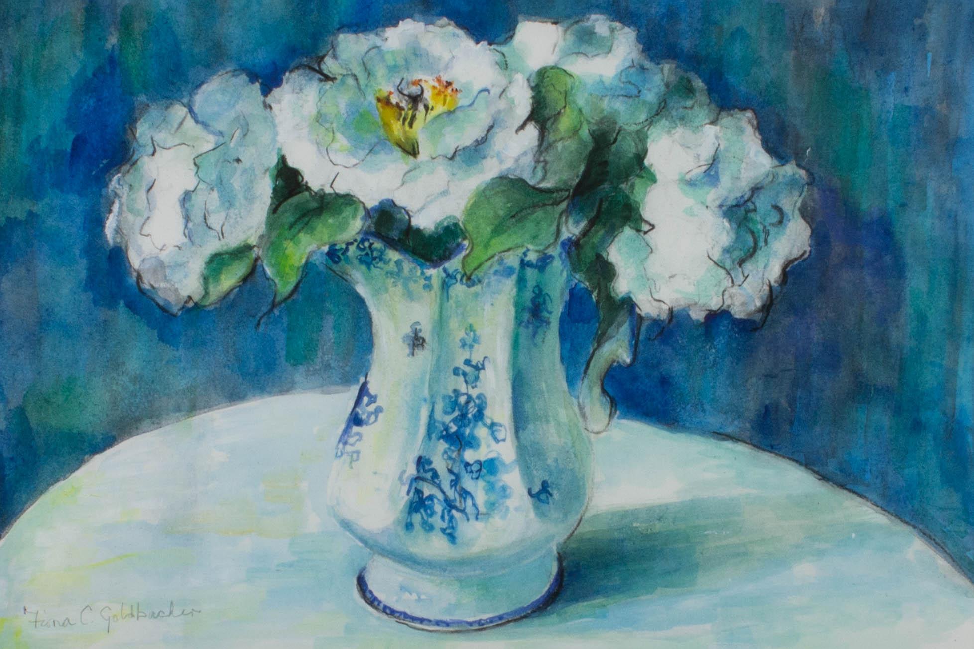 Fiona C. Goldbacher - 20th Century Watercolour, White Flowers On Blue 1