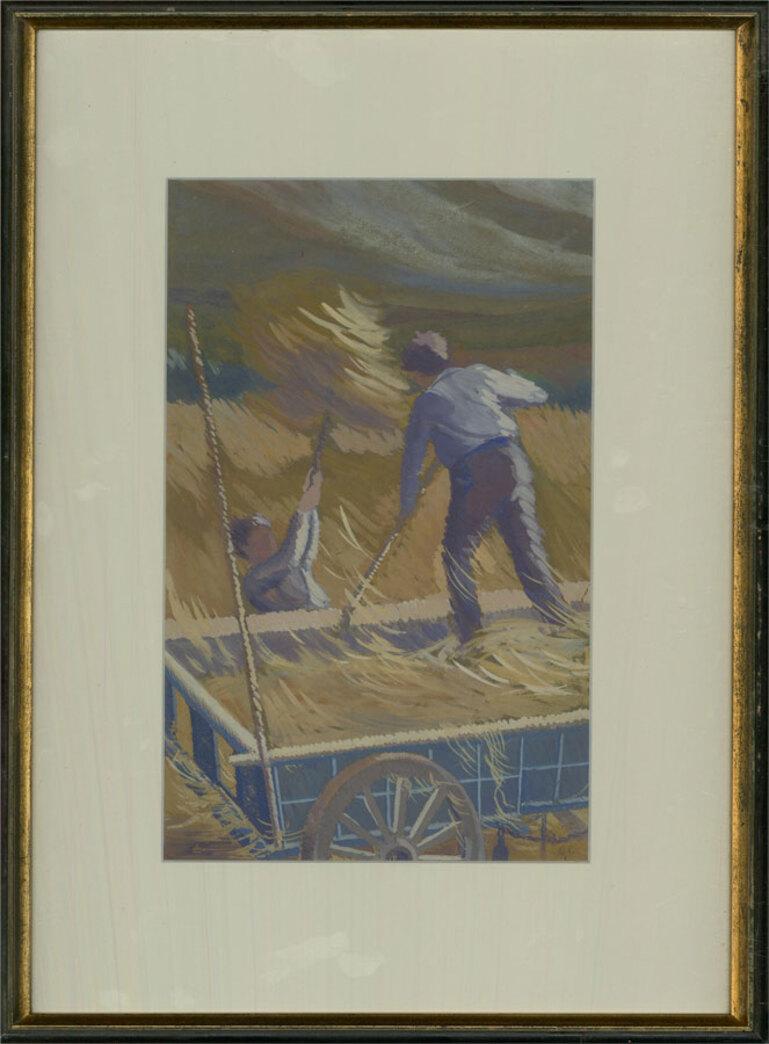This charming gouache study depict two men piling hay onto a cart at harvest time. painted in a post-impressionist style, the artist uses gestural brush strokes to capture the working men with a strong focus on light within the scene. Signed with