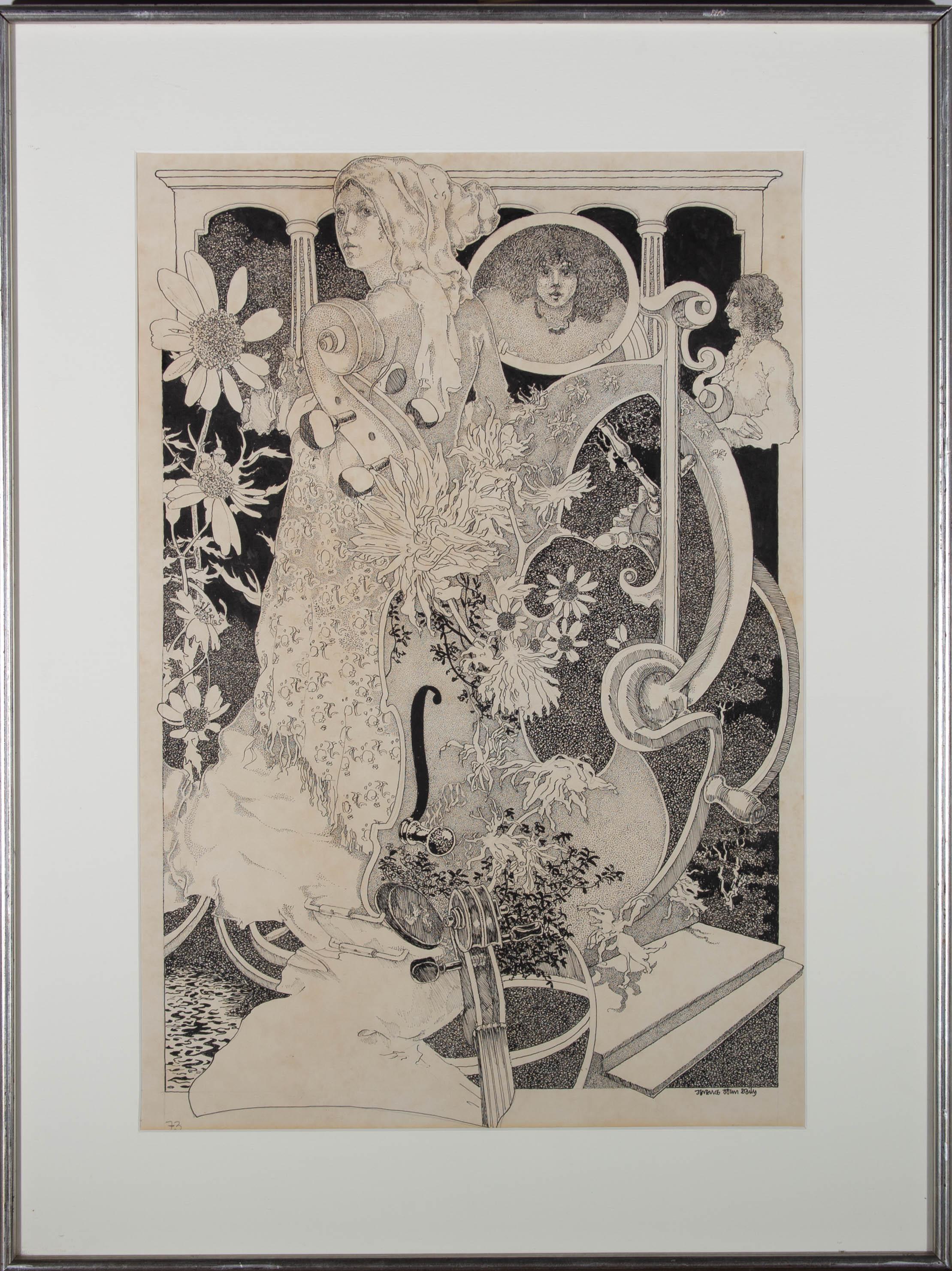 Un dessin à la plume et à l'encre merveilleusement lyrique des années 1970, montrant un amalgame surréaliste de violons, de fleurs et de trois femmes. Le dessin est certainement influencé par des artistes comme Aubrey Beardsley. L'artiste a signé