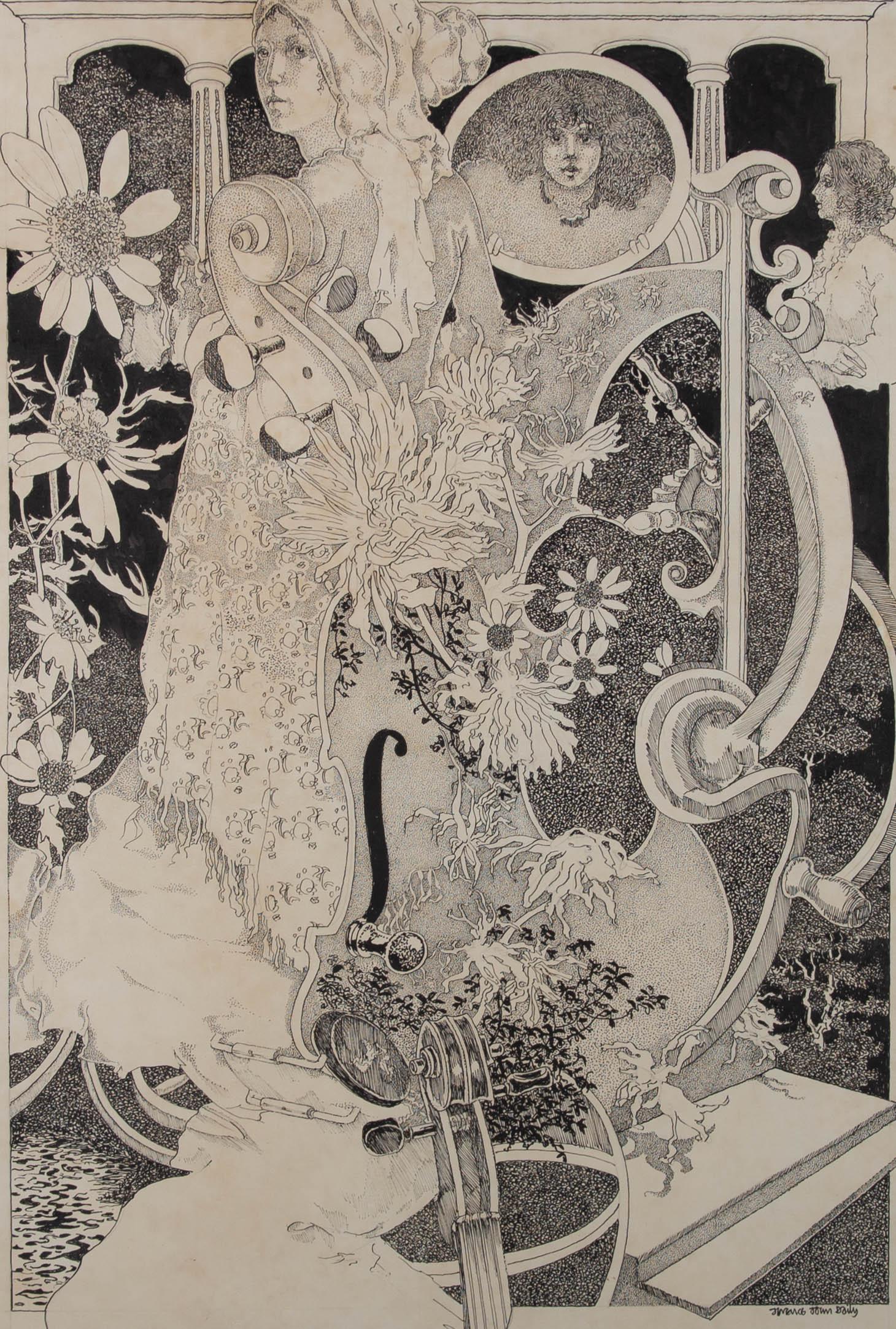 Le dessin au stylo et à l'encre de Terence John Daily du 20e siècle, musique et fleurs entrelacées 1