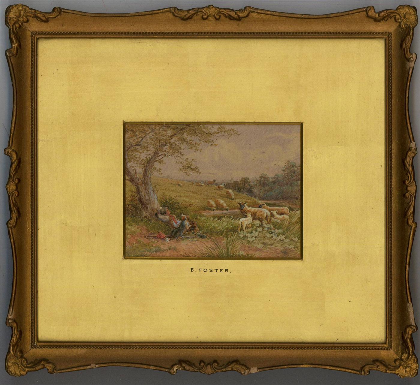 A very finely painted bucolic study of a young boy asleep beneath a tree. His dog loyally rests by his side and sheep graze in an idyllic meadow beyond. Finished with touches of body colour. Although unsigned, the mount is inscribed with the