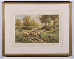H.T. Rhodes - Early 20th Century Watercolour, Shepherd with Flock