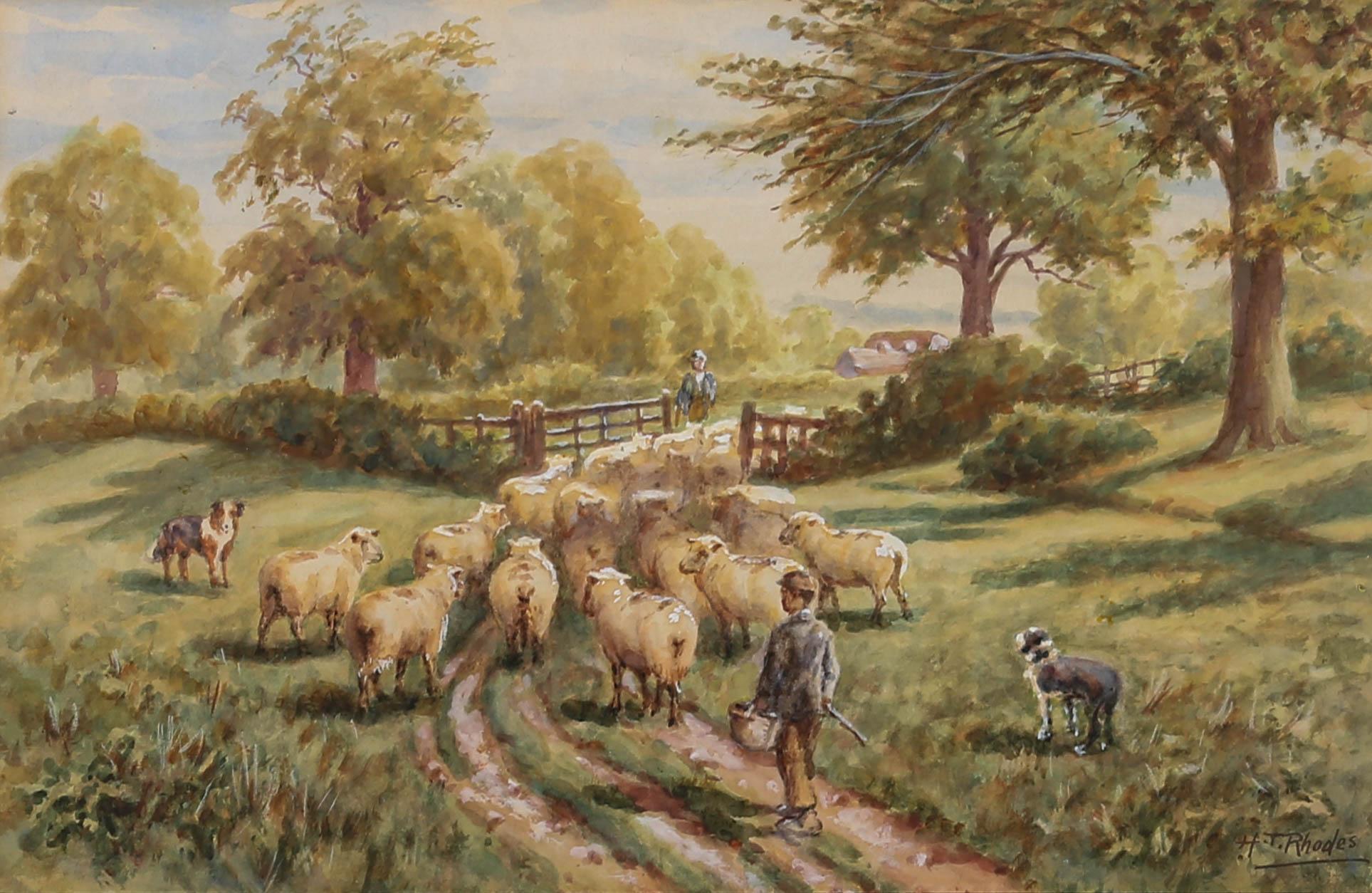 A charming watercolour painting with gouache details, depicting a rural landscape scene with a shepherd and sheep. Signed to the lower right-hand corner. Well-presented in a washline card mount and in a distressed, gilt-effect frame. On watercolour