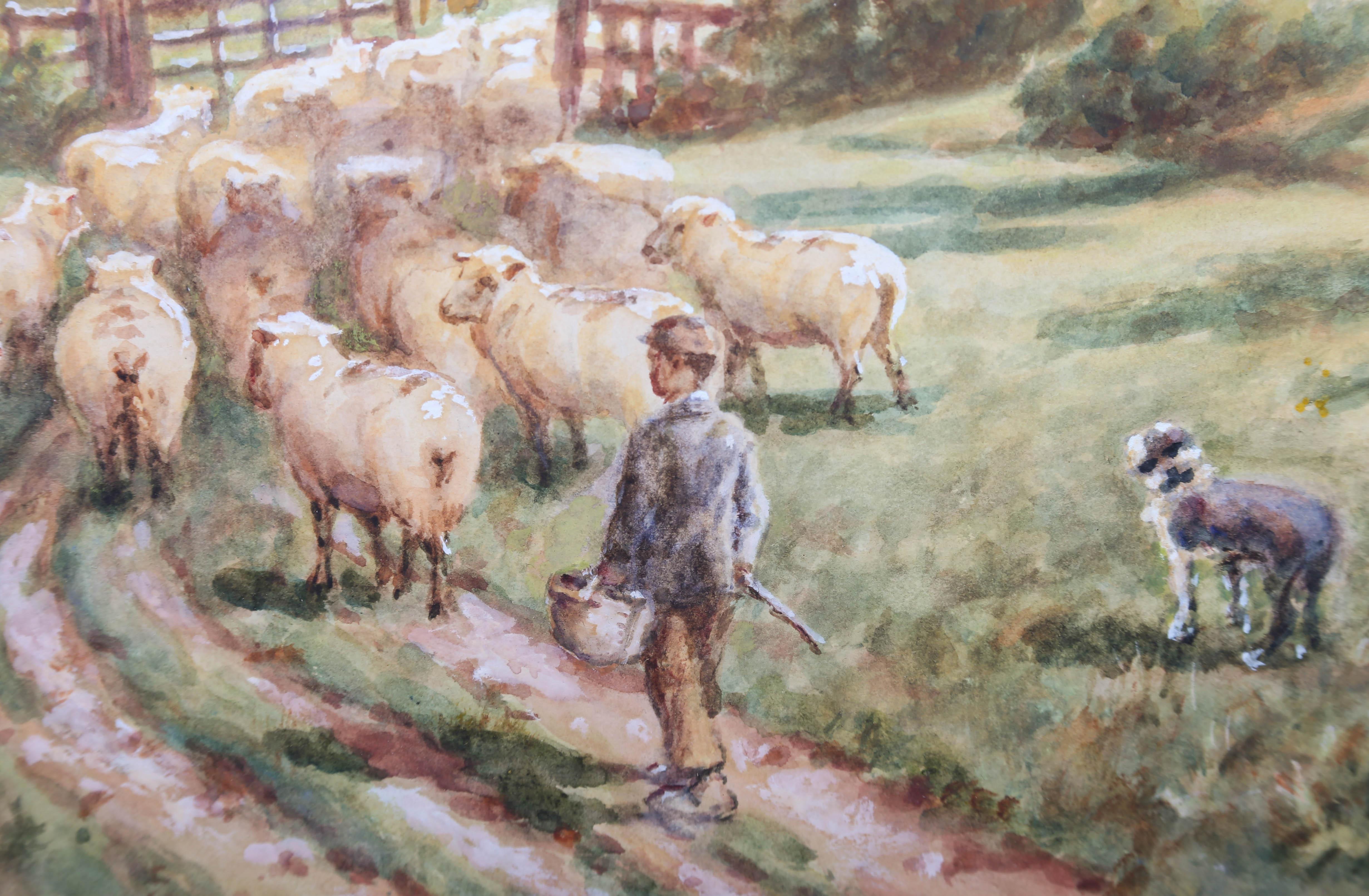 H.T. Rhodes - Early 20th Century Watercolour, Shepherd with Flock For Sale 2