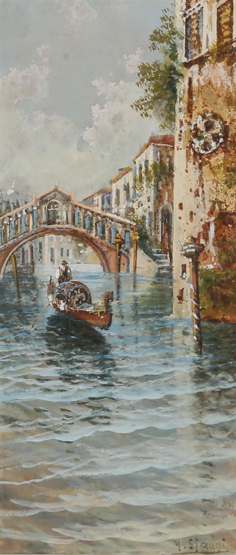 Acuarela italiana de finales del siglo XIX enmarcada - Un remanso veneciano 1