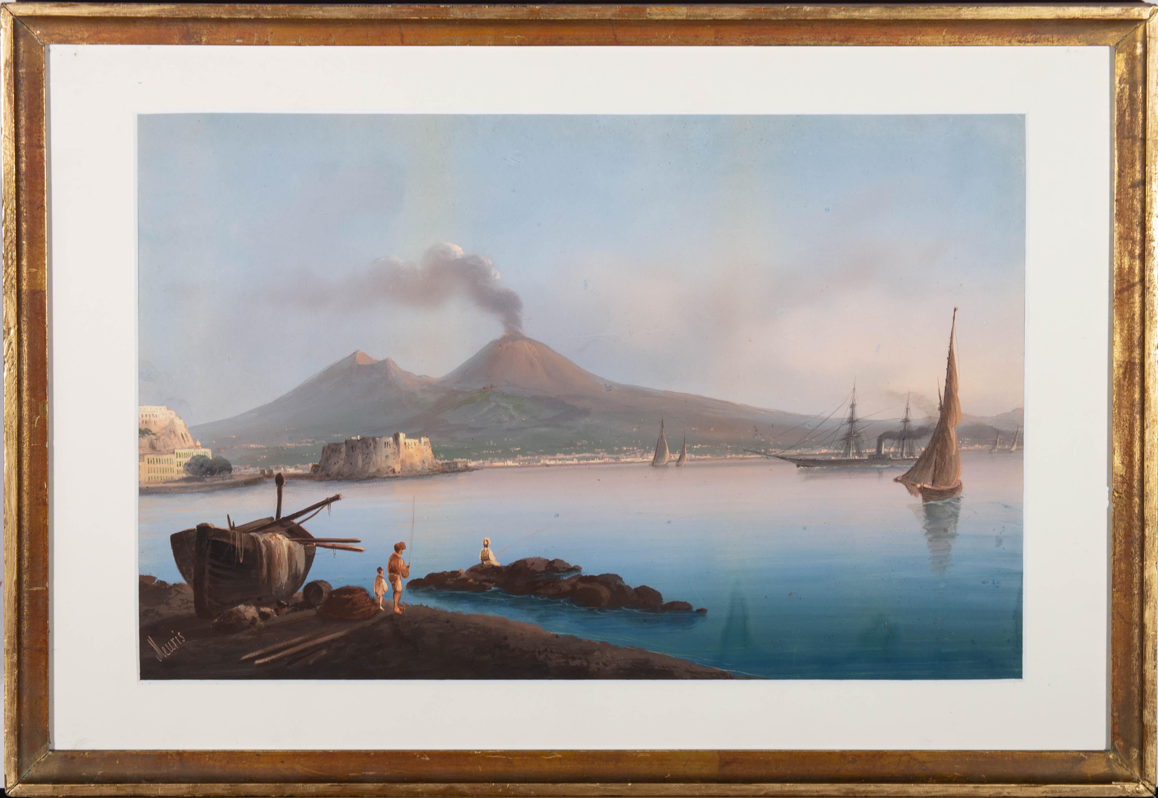 A fine gouache depiction of the imposing Mount Vesuvius, smoke billowing from the summit, looming over the Bay of Naples on the South-Western coast of Italy. The gulf area is known for its proximity to both the Ancient Roman cities of Pompeii and