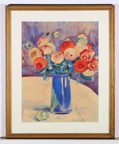 Retro 1979 Watercolour - Peonies in Blue Vase