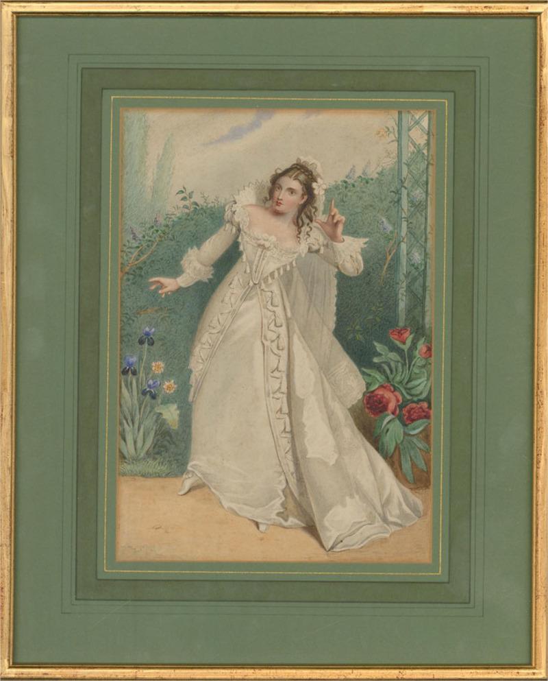A Romantic mid Century watercolour showing a beautiful woman in an elaborate wedding dress and veil, raising her hand to her ear to listen closely to something. She is standing in a pretty garden with roses and irises. The painting is very finely