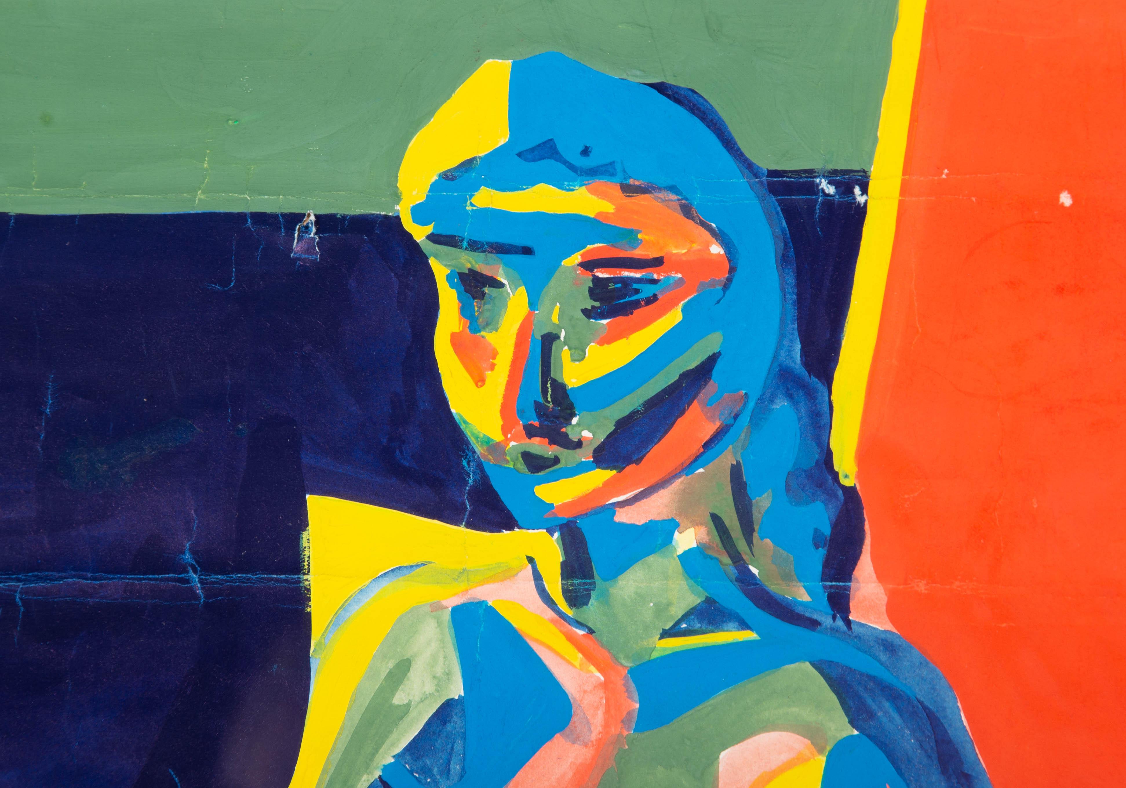 Eine eindrucksvolle Aktstudie in leuchtender Gouache, die einen sitzenden weiblichen Akt zeigt. Das Gemälde ist unsigniert und wird in einem einfachen schwarzen Rahmen mit Passepartout präsentiert. Auf wove.

