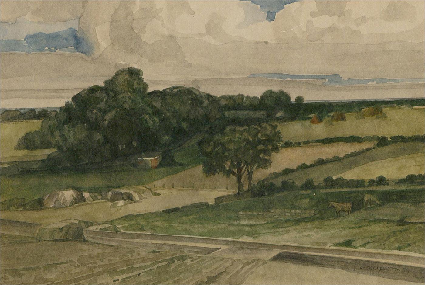 A fine 20th Century watercolour showing farmland and fields in the Summer sun. The artist has signed and dated to the lower right corner and the painting has been presented in a gilt frame with layered green card mount. On wove.



