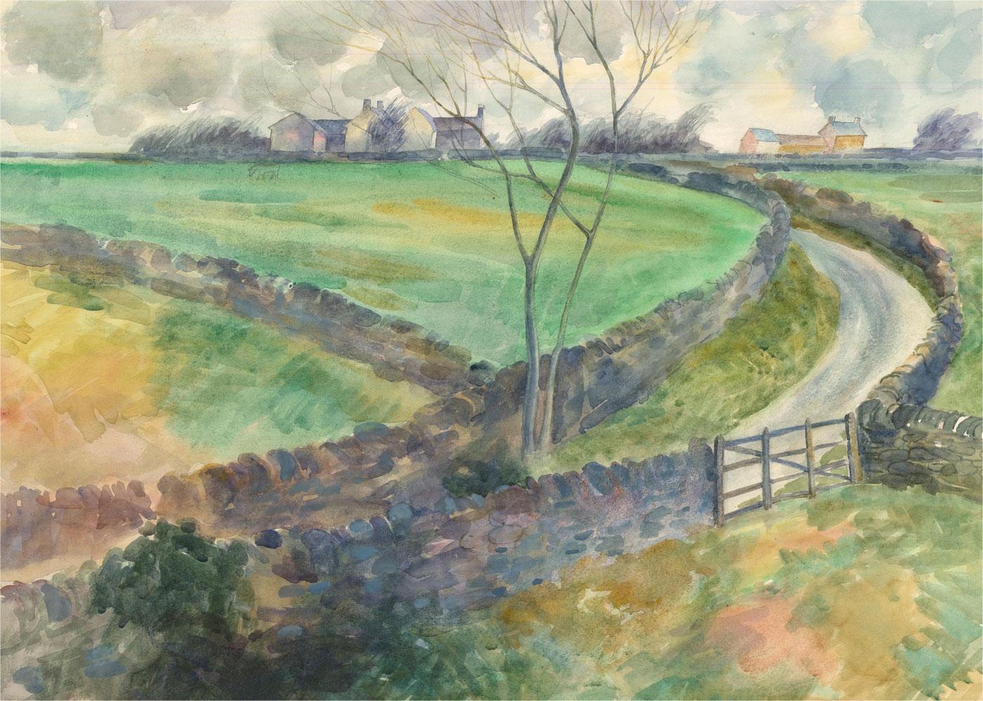 A wonderful watercolour study by the British artist and gallery owner Frank Constantine. Here the artist has captured empty playing fields on a drizzly day in early spring. Signed and inscribed with the title to the lower right. On watercolour paper.