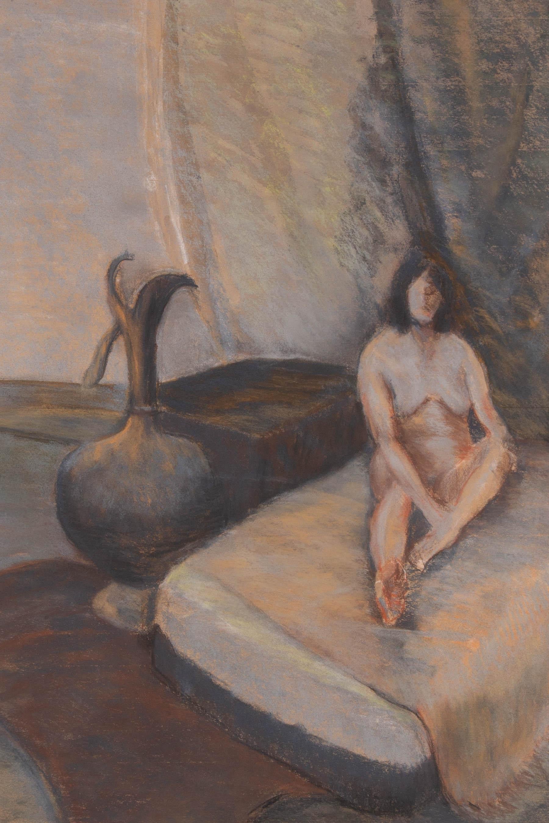 A nude study of a woman sat on a mattress with a humorous distortion of scale, the vase and trunk to the left of the composition matching the size of the woman herself. Unsigned. On laid.







