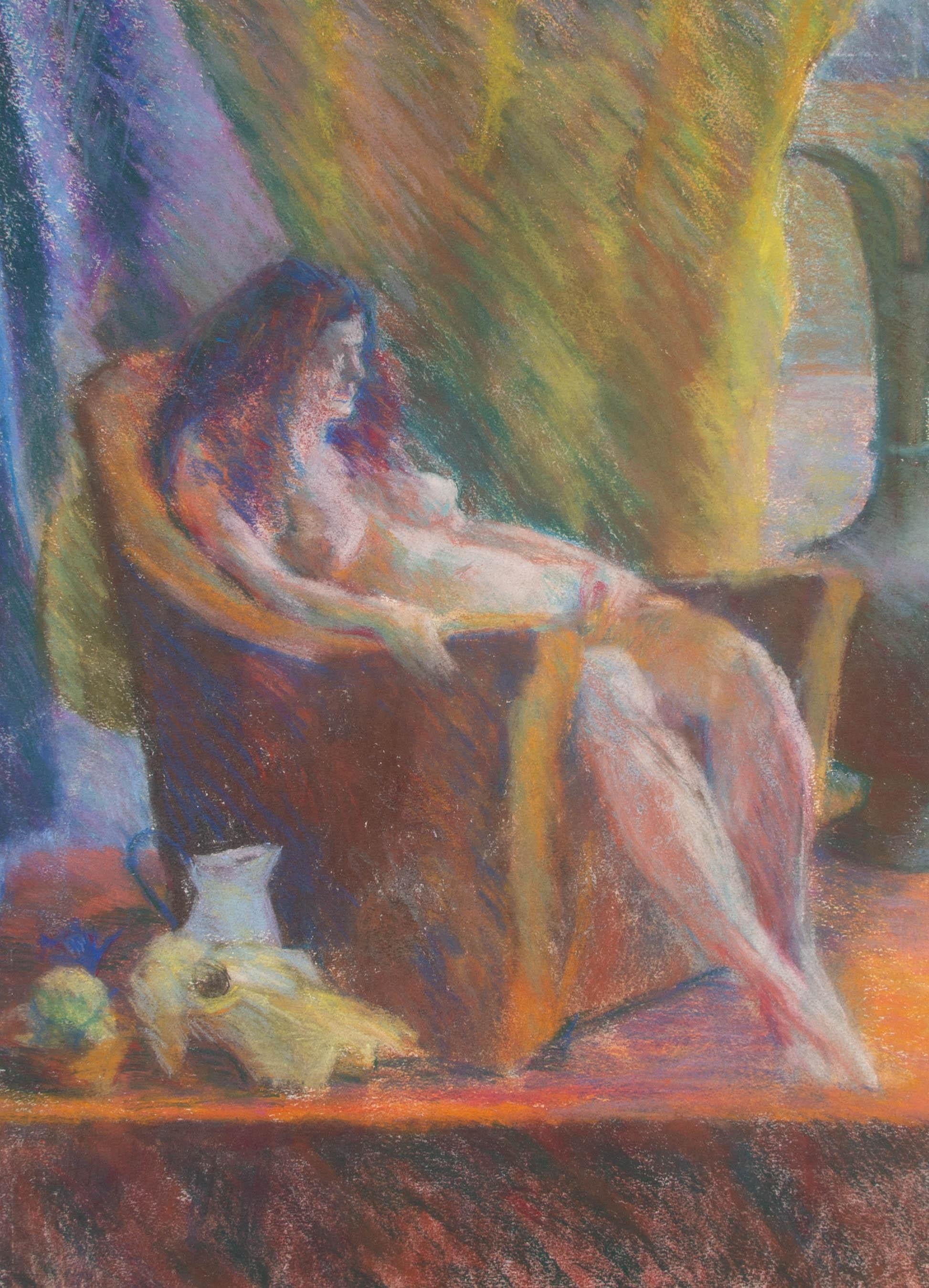A highly accomplished pastel depicting a languorous woman sat nude in an armchair. Unsigned. On watercolour paper.







