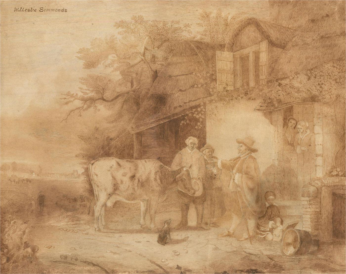 A very fine pen and ink drawing depicting a peasant farmer with his family conversing with the landlord. The characters are dressed in 17th-century attire. Signed to the upper left-hand corner. On paper.
