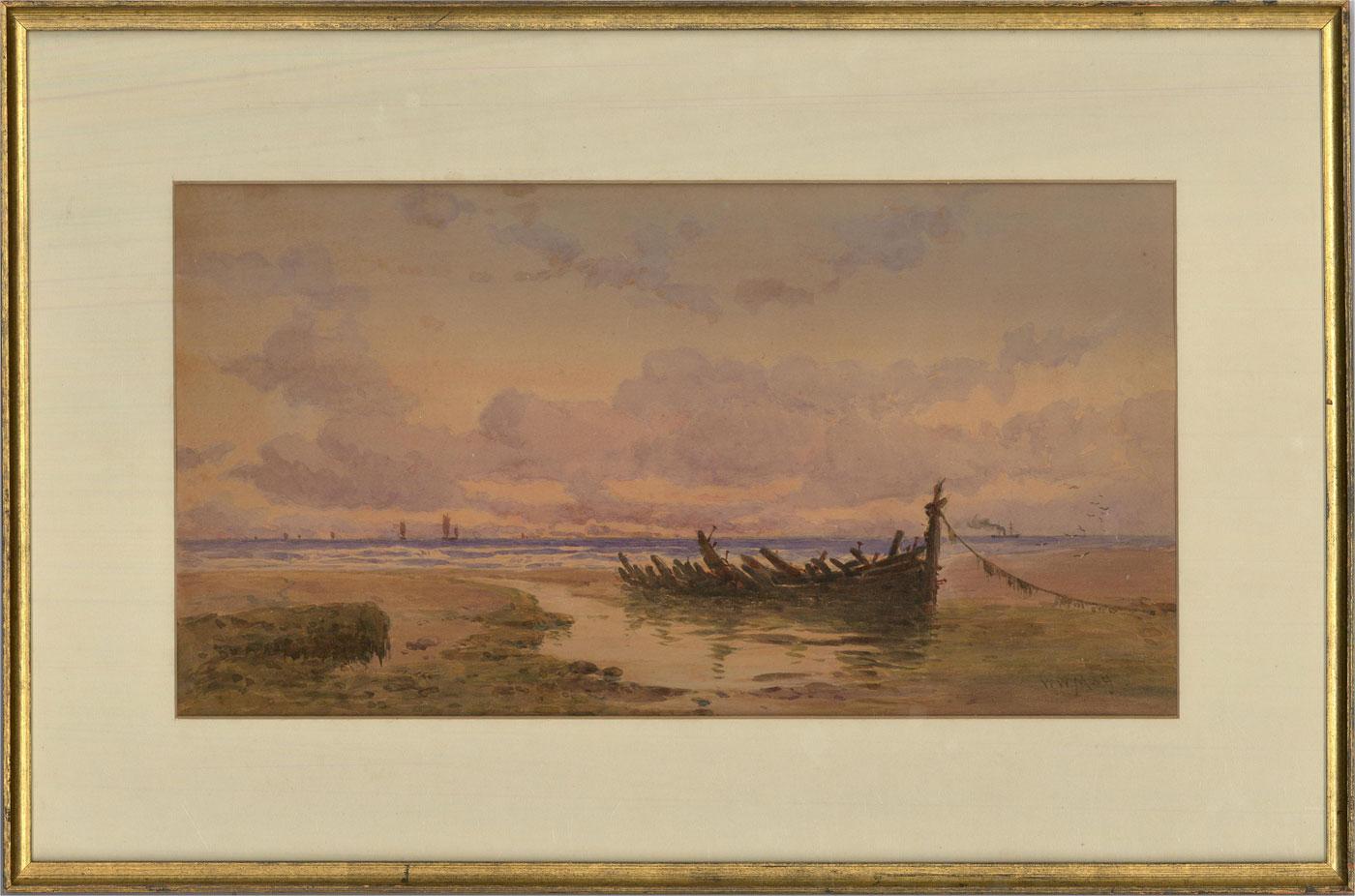A striking late 19th Century beach scene showing the silhouette of a wrecked boat on the wet sands at low tide. The artist has signed to the lower right and the painting has been presented in a simple gilt frame with card mount. On wove.
