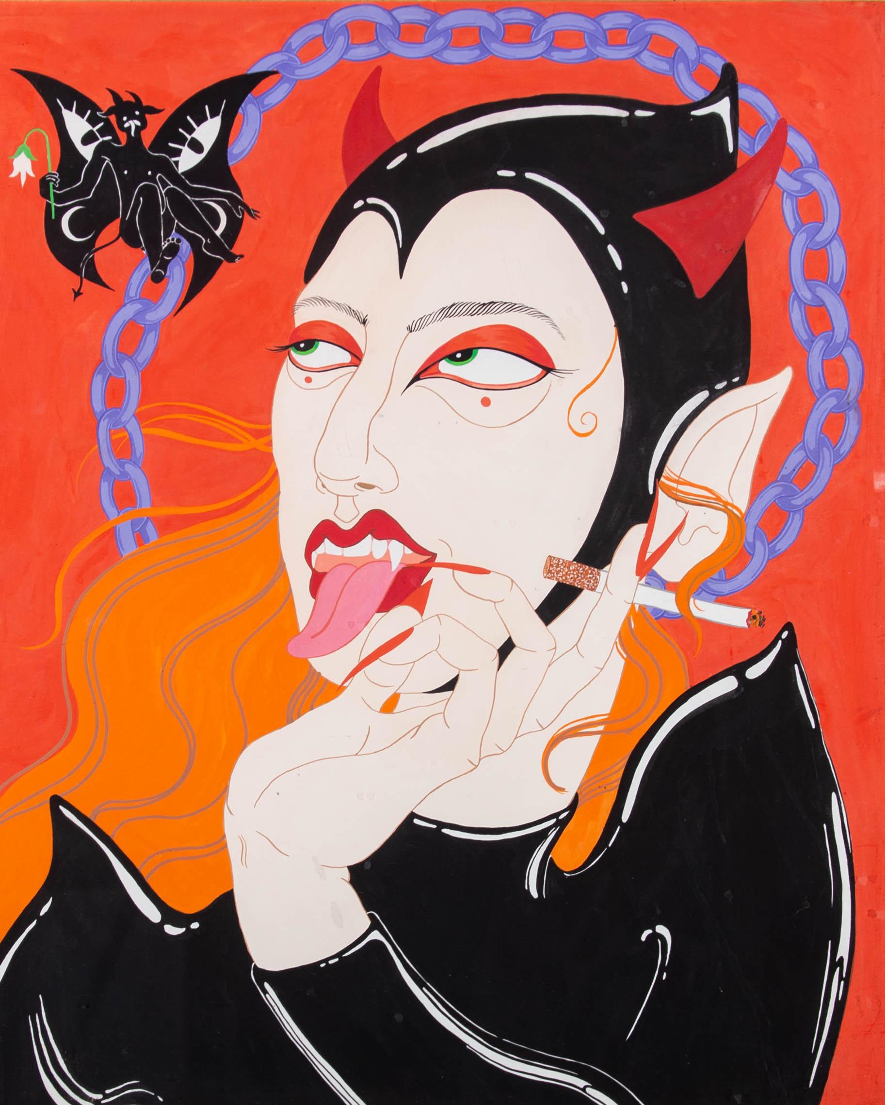 A fun, striking contemporary gouache portrait of a devilishly seductive woman in a black catsuit, smoking a cigarette. A little winged demon floats above her shoulder. The artist has signed to the reverse of the paper. The painting has been