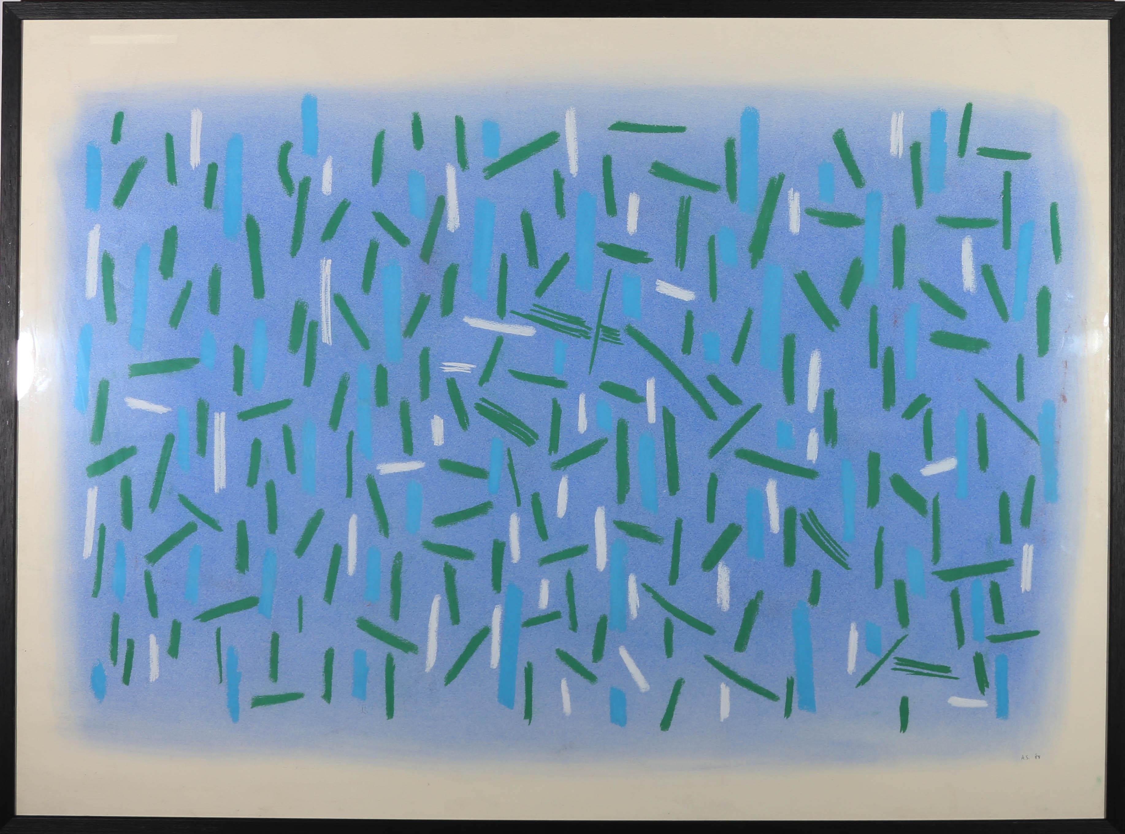 Diese auffällige, großformatige abstrakte Studie zeigt aufblitzende blaue, weiße und grüne Pastelllinien vor einem blau verwaschenen Hintergrund. Signiert mit Initialen und datiert unten rechts. Präsentiert in einem modernen, schwarz lackierten