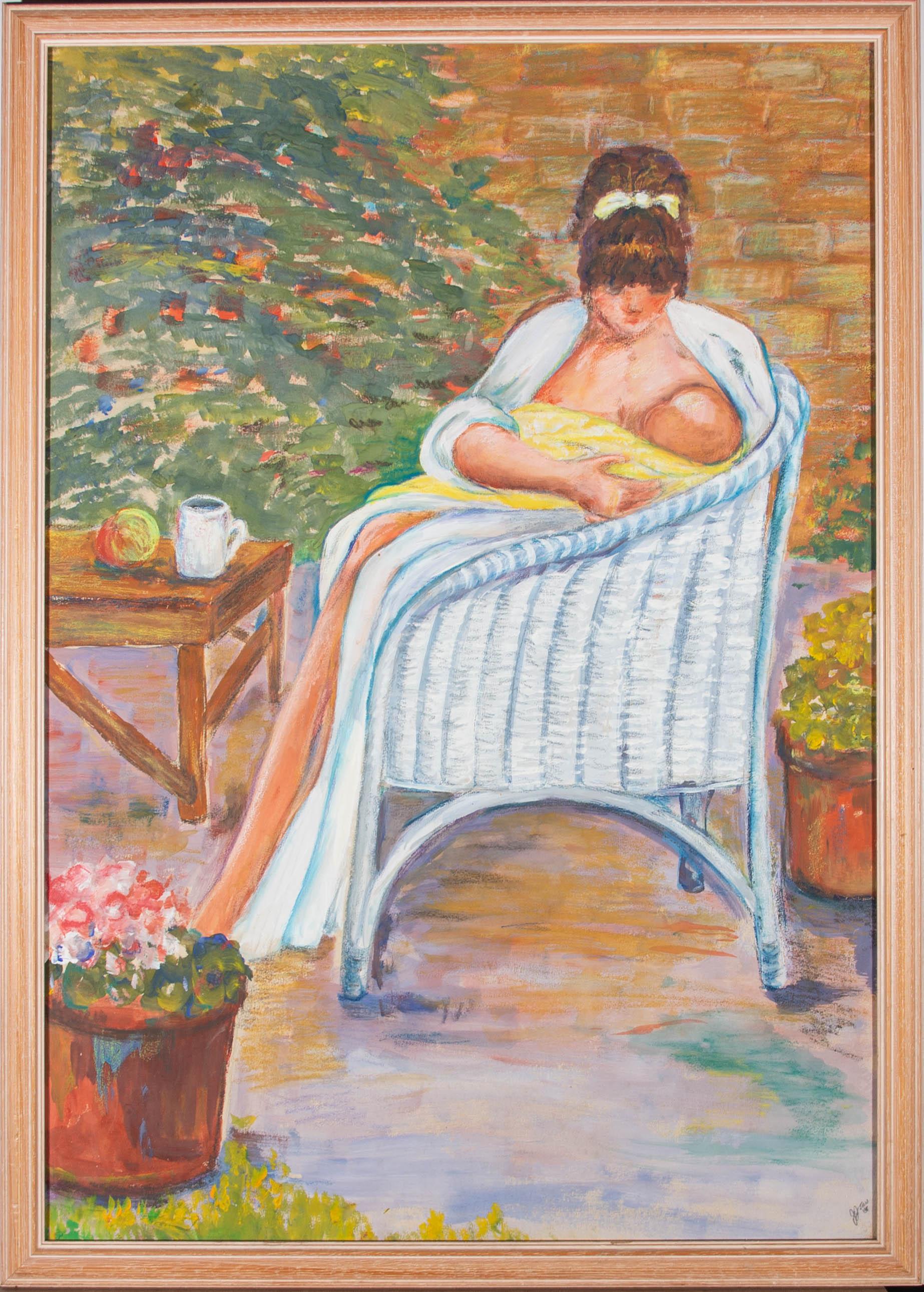 Eine schöne und lebendige Gouache-Gartenszene, die eine junge Frau zeigt, die in einem Gartenstuhl sitzt und zärtlich ihr Baby füttert. Der Künstler hat das Gemälde in der rechten unteren Ecke paraphiert und datiert. Das Gemälde wird in einem Rahmen