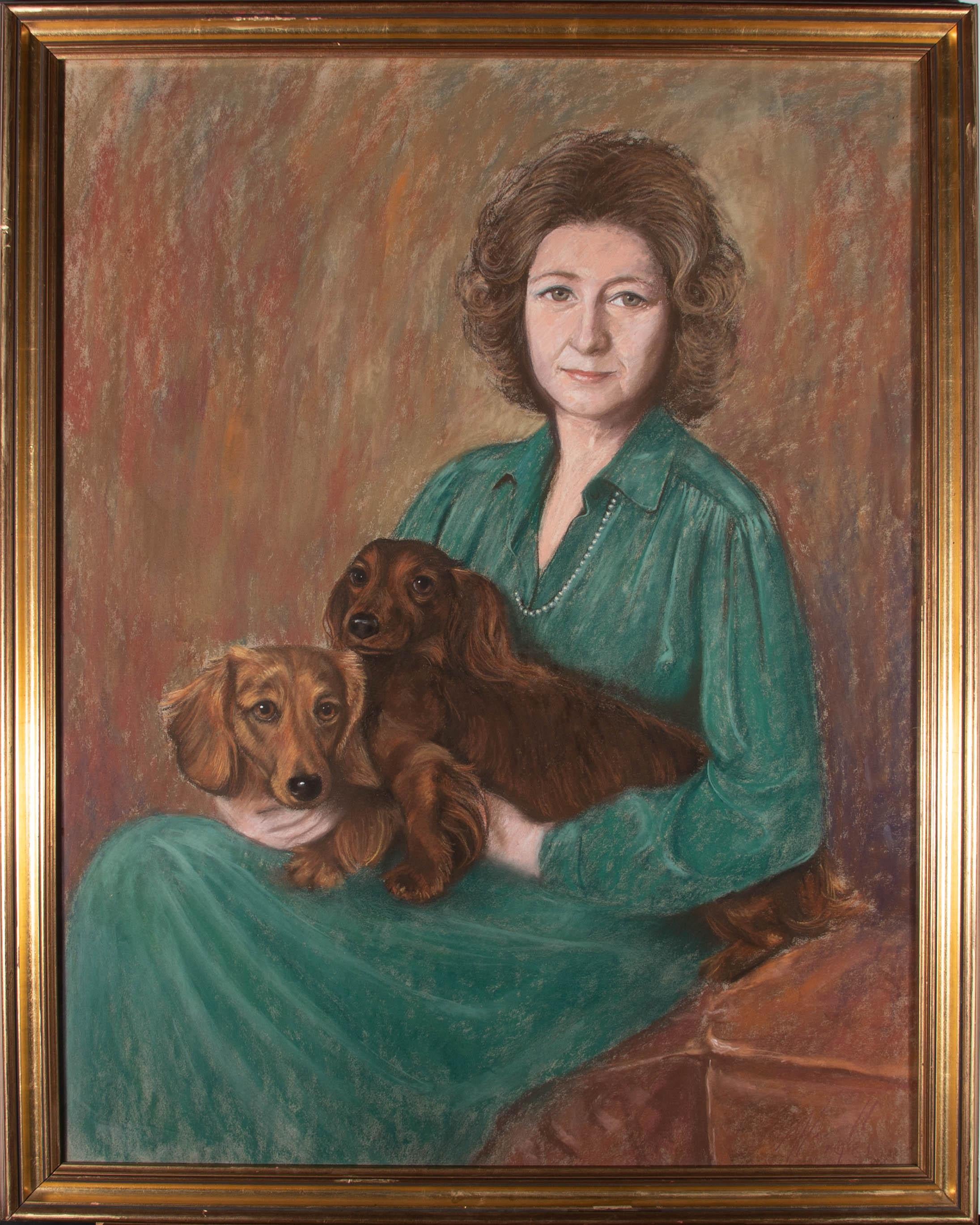 Unknown Portrait - 1981 Pastel - A Lady And Her Dachshunds
