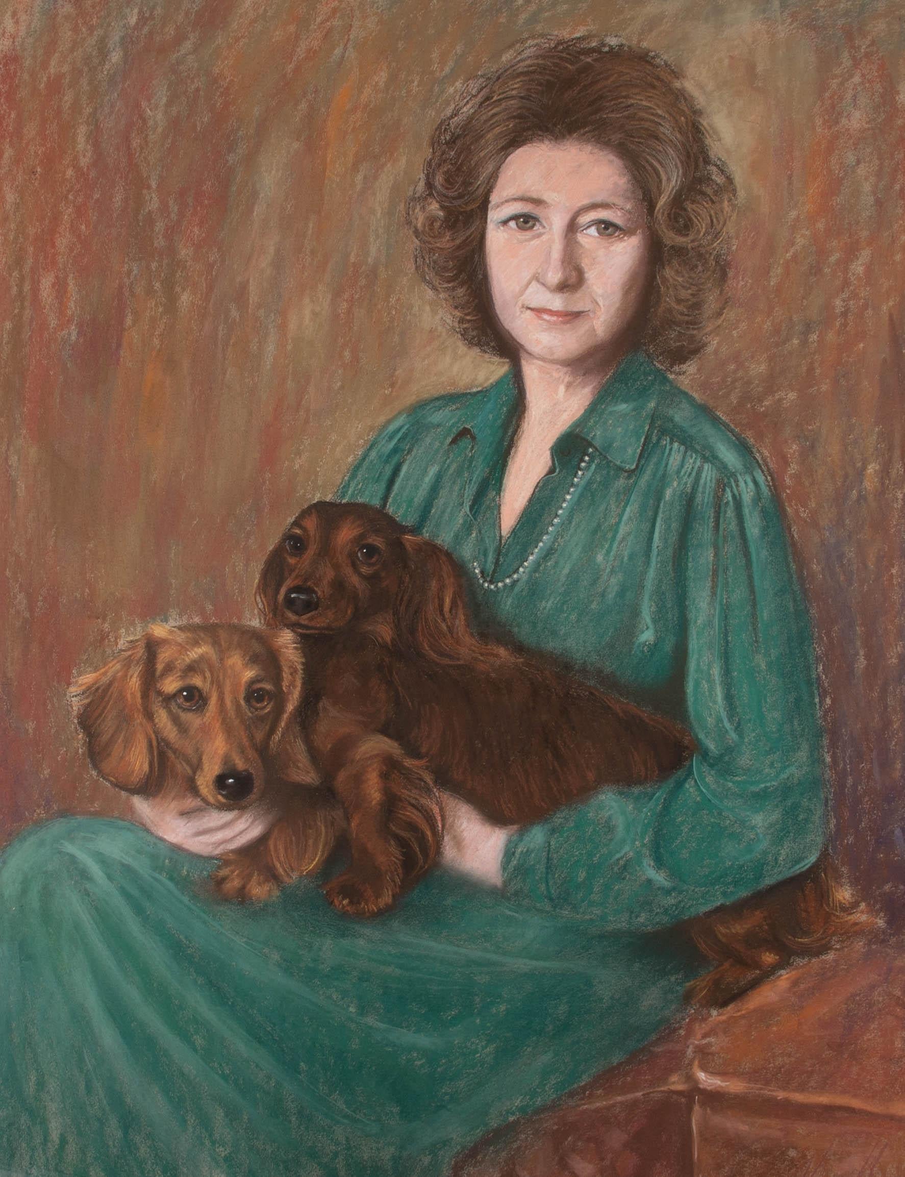 1981 Pastel - A Lady And Her Dachshunds - Art by Unknown