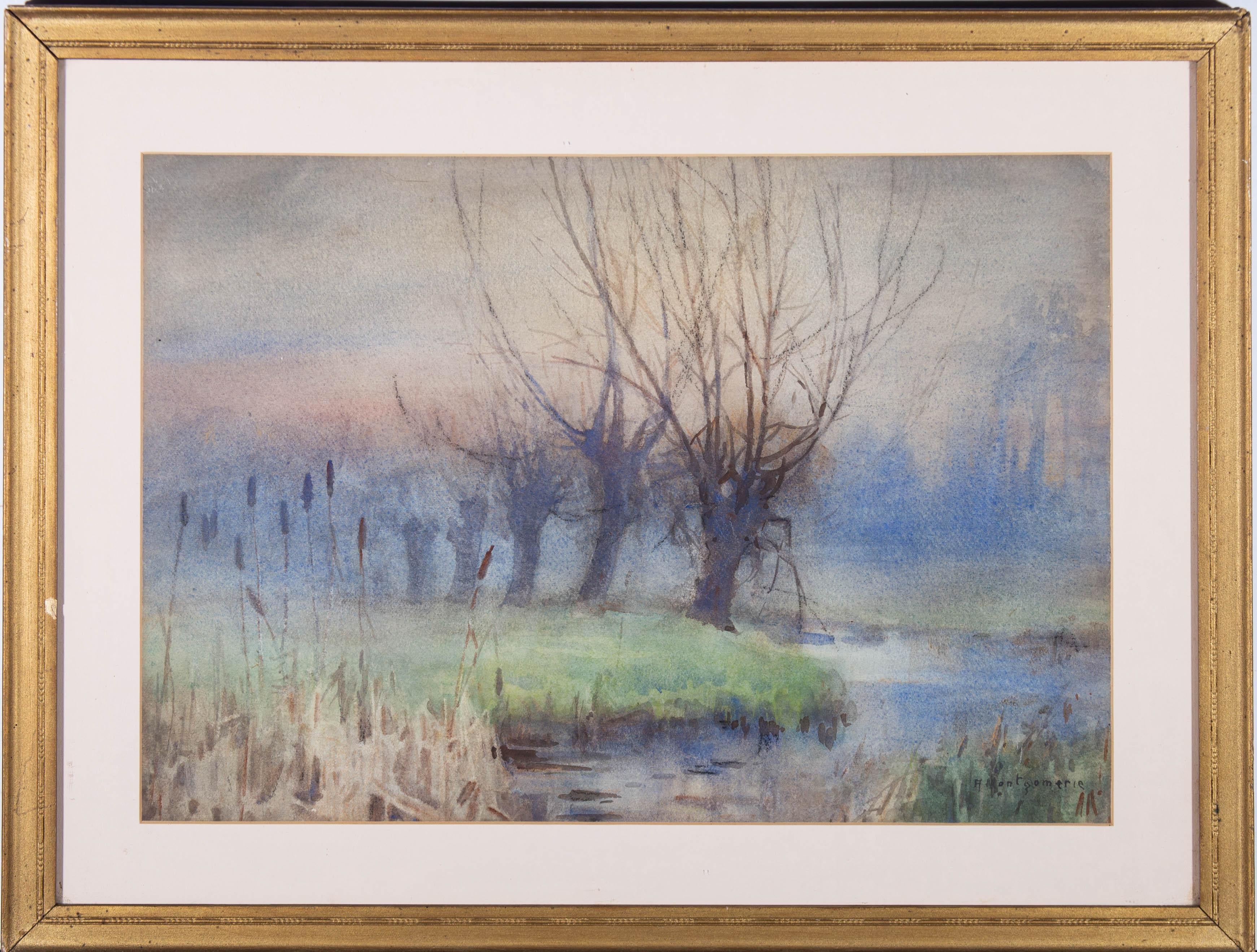 Patricia Newman  Landscape Art - H. Montgomerie - Early 20th Century Watercolour, Autumnal Haze On The River