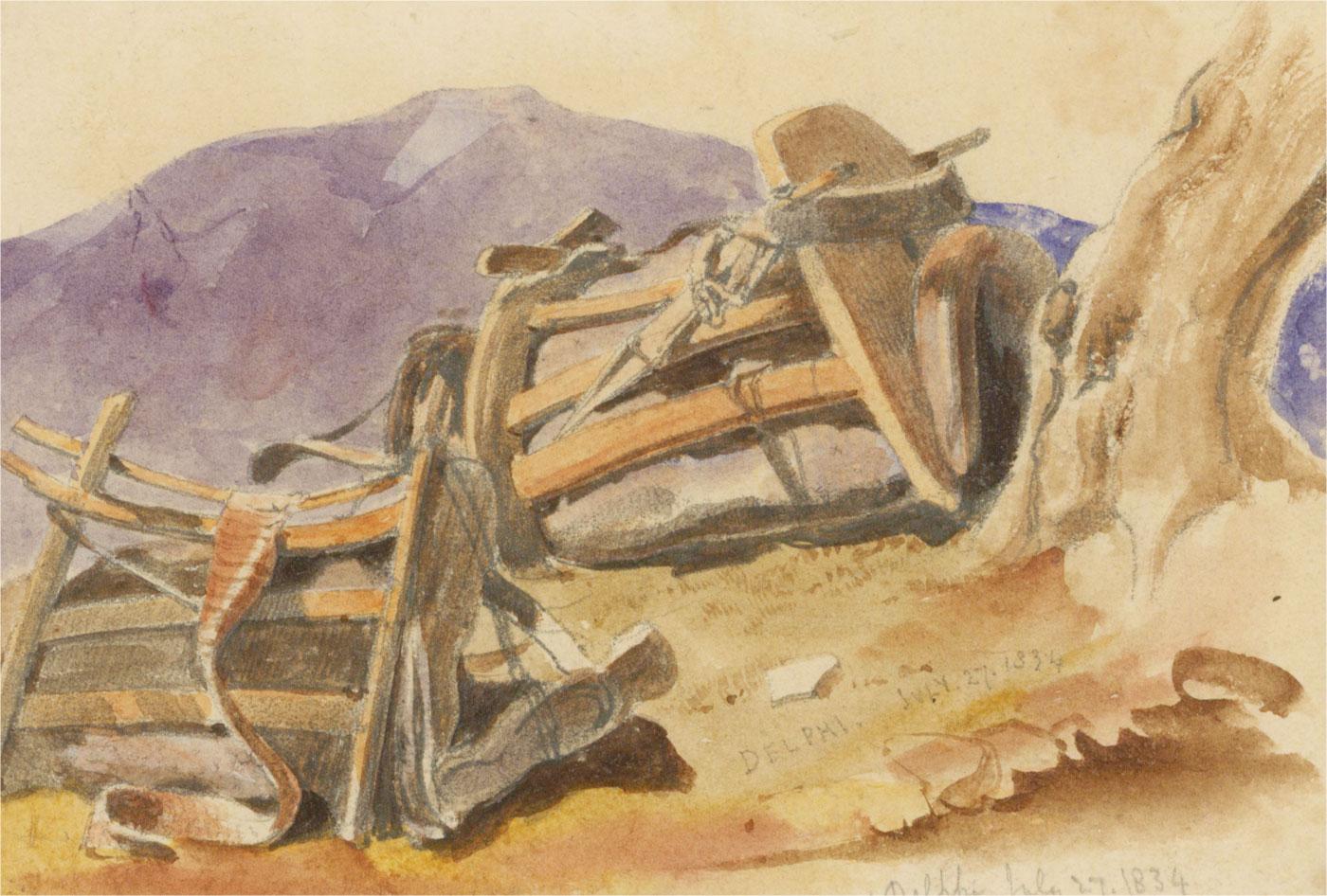 A delightful early 19th-century graphite and watercolour study of agricultural equipment. Inscribed with the location 'Delphi and the date 1834', Cromek was known to have been touring the picturesque scenery of Italy and Greece from 1831 until 1849.