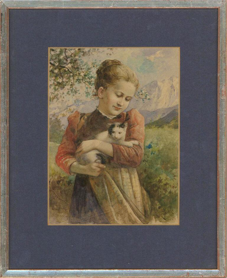 Gustav Adolf Krauschke Portrait - Gustav A. Krauschke (1850-1917) - Late 19thC Watercolour, Bavarian Girl With Cat