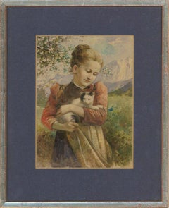 Gustav A. Krauschke (1850-1917) - Late 19thC Watercolour, Bavarian Girl With Cat