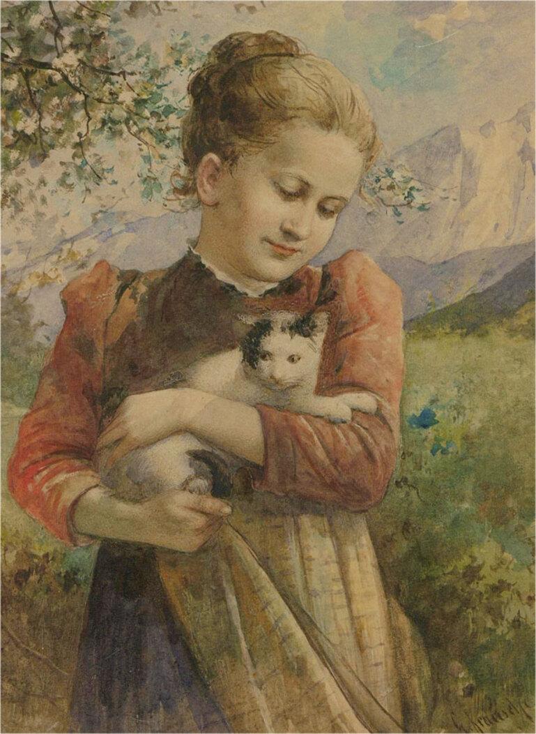 Gustav A. Krauschke (1850-1917) - Late 19thC Watercolour, Bavarian Girl With Cat - Art by Gustav Adolf Krauschke