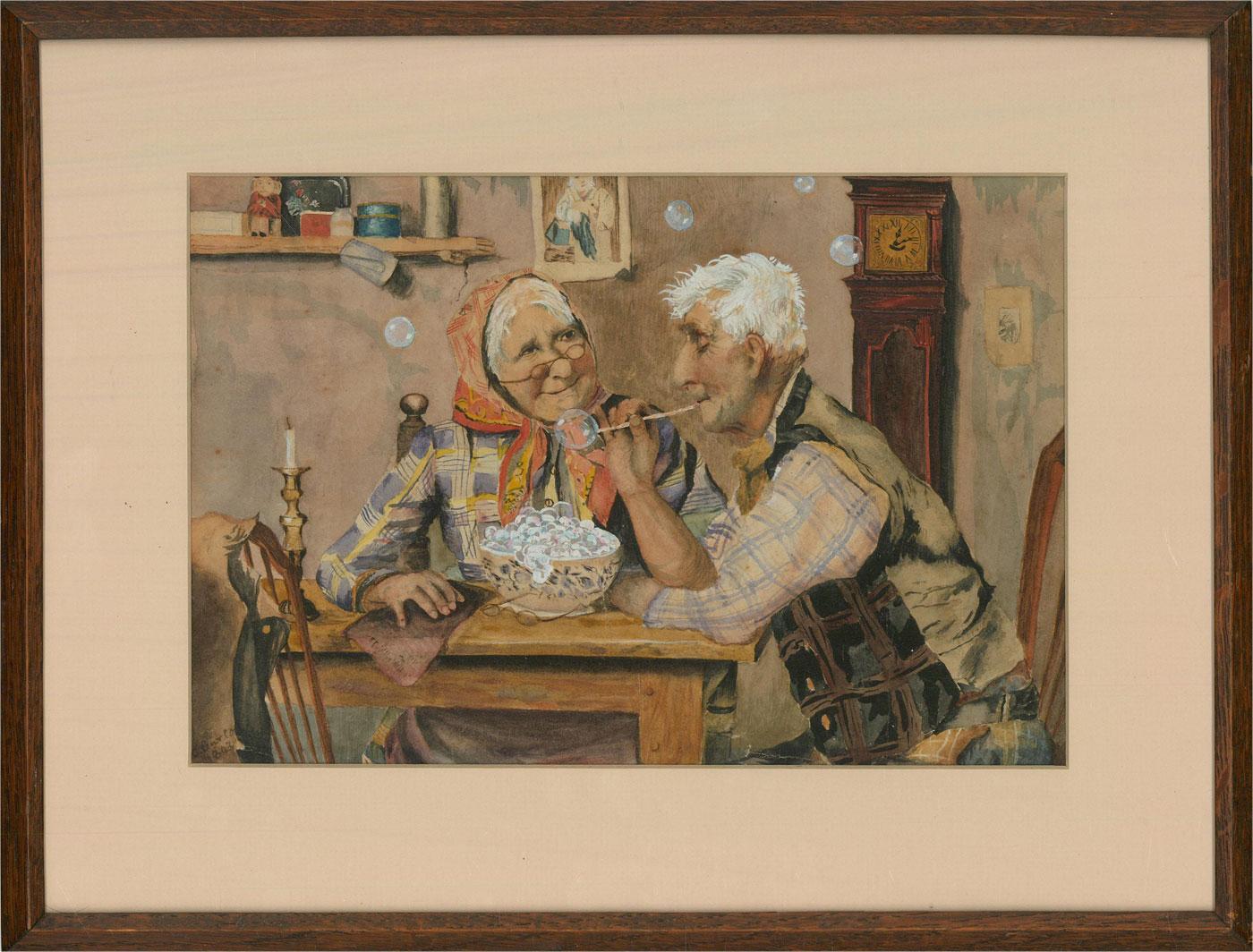This charming scene depicts an elderly couple blowing bubbles at their kitchen table. The woman looks lovingly at her husband as he cheerfully blows bubbles from a long straw. The artist has captured the scene in fine detail, showing the delightful