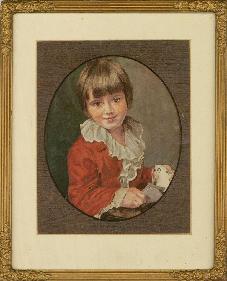 A fine and expressive watercolour painting by M.H. Hawkins, depicting a child playing a game of card. Unsigned. The title is inscribed to the lower margin. The artist's name is inscribed on a label to the reverse. Well-presented in an oval wooden
