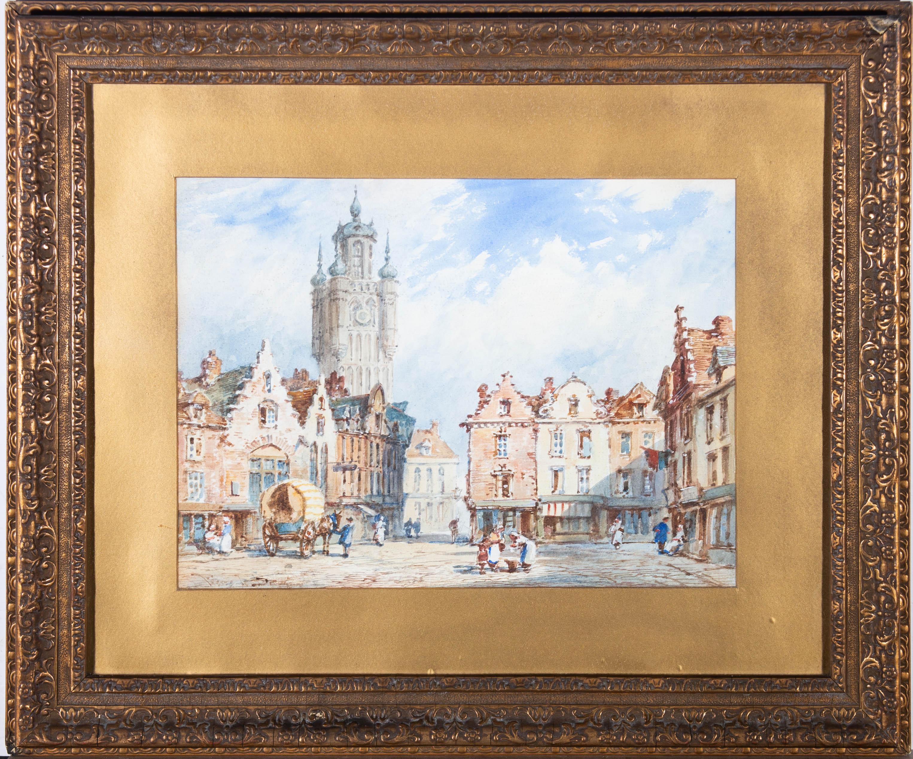 A charming watercolour painting with gouache details, depicting a street scene in the Northern French commune of Bergues. Signed to the lower left-hand corner. Presented in a golden card mount and in and ornate, gilt-effect frame. On watercolour