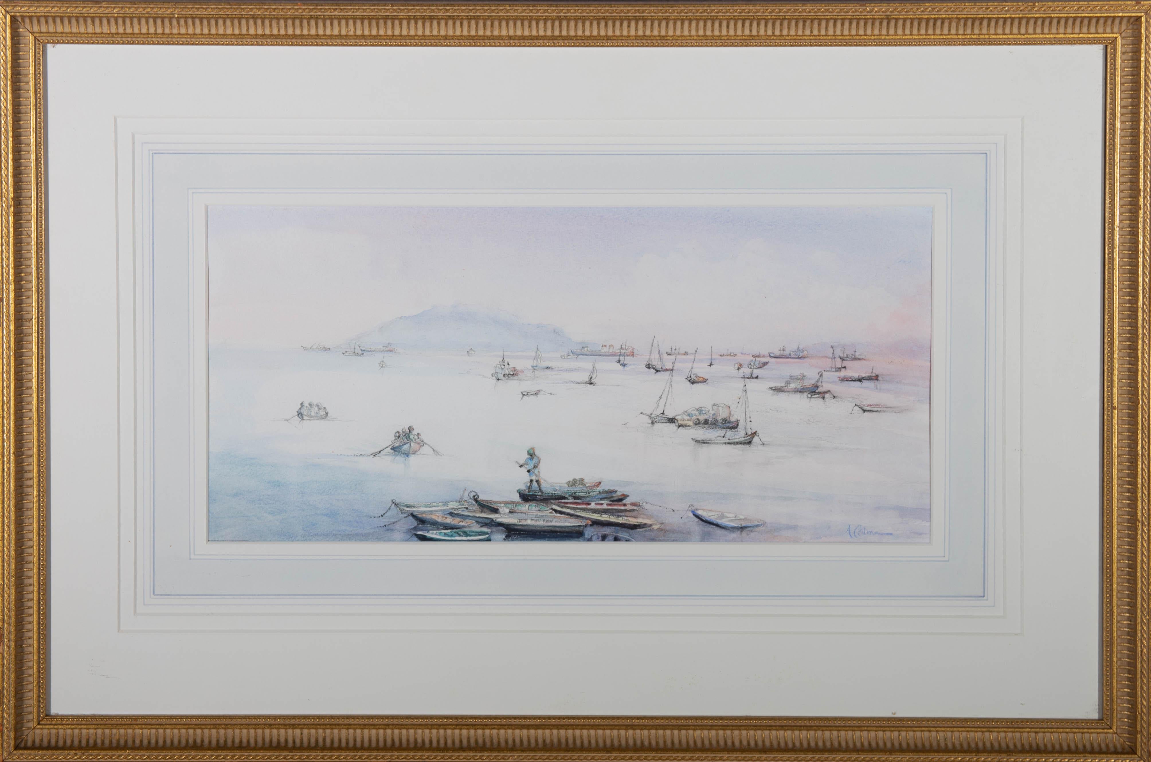 A charming watercolour study of various boats at sea. Signed to the lower right and well presented in a double card mount and fluted frame. On wove.