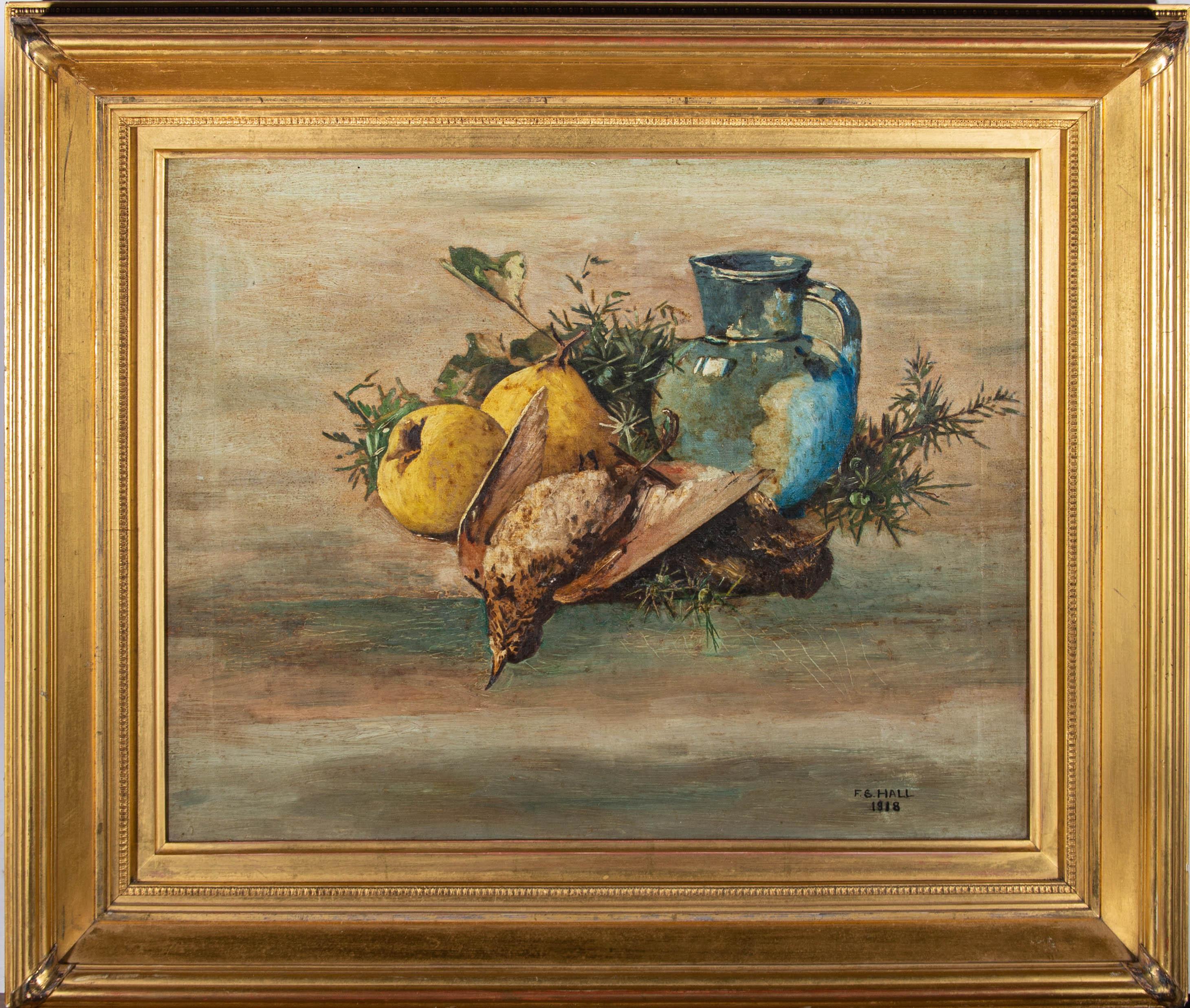 This compelling still life study depicts a dead robin and thrush with apples and a blue jug. The artist creates an interesting composition by placing the objects to the centre left of the canvas against a vast blue background. Signed and dated to