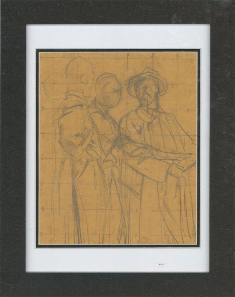 A fine graphite study by the British artist Alfred Kingsley Lawrence, depicting a study of three figures. Unsigned. Well-presented in a white on black double card mount and in a simple contemporary black frame. On wove.
