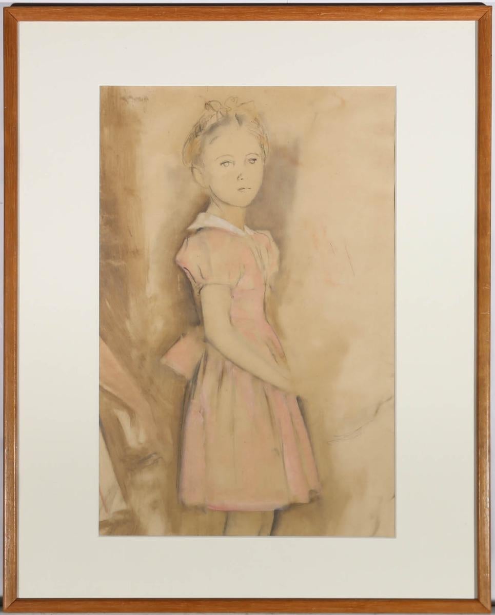 Diese Studie eines hübschen kleinen Mädchens in einem neuen rosafarbenen Kleid ist ein wunderbares Beispiel für Lawrences zeichnerisches Können und zeigt seine sichere Beherrschung der Linienführung. Die geschickten Linien der Beine und Arme des
