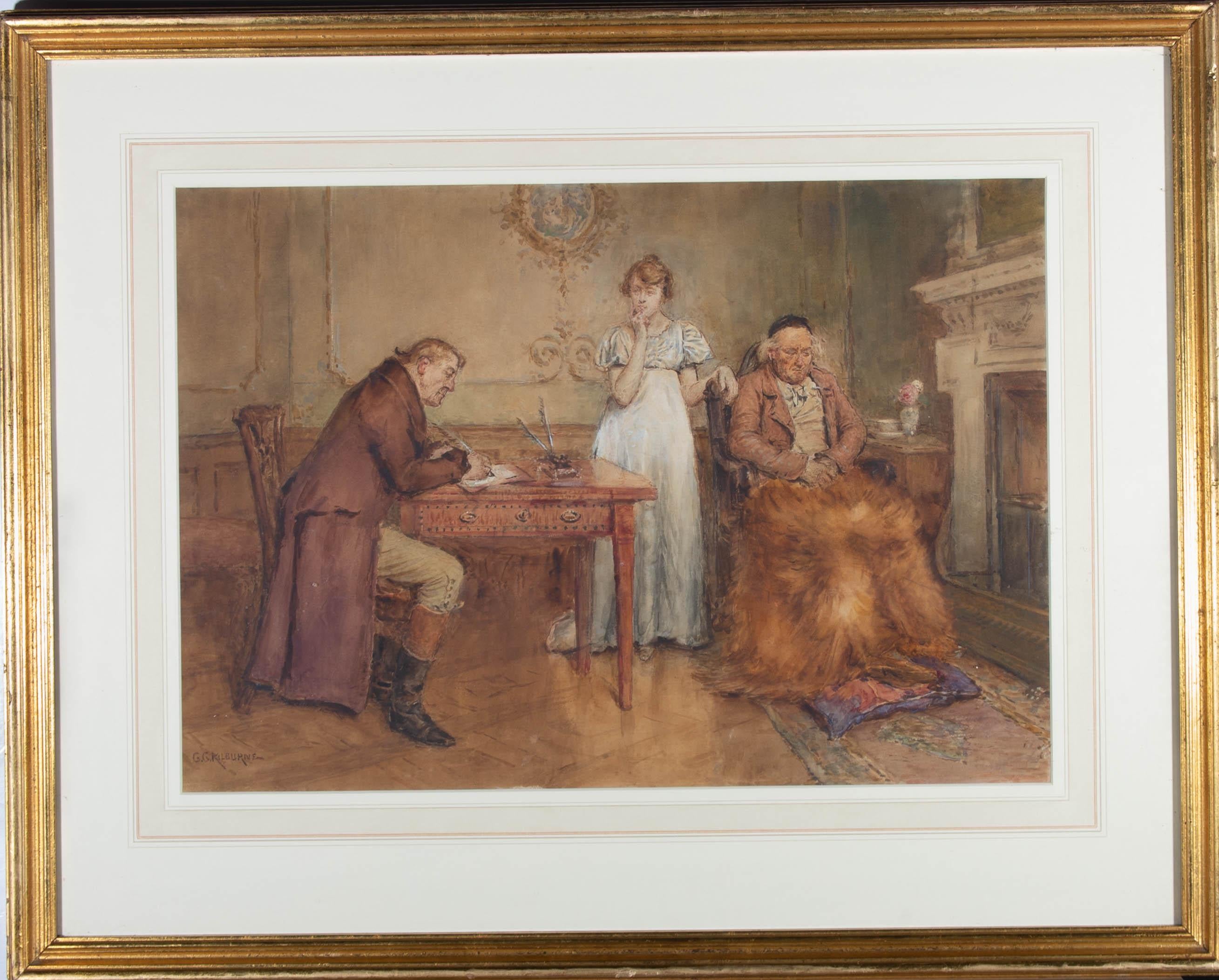 A fine example of Kilburne's work, this watercolour interior scene is indicative of the artist's style and subject matter. The scene shows a travelling doctor, seated at a table, making notes or perhaps filling a prescription. An elderly man sits